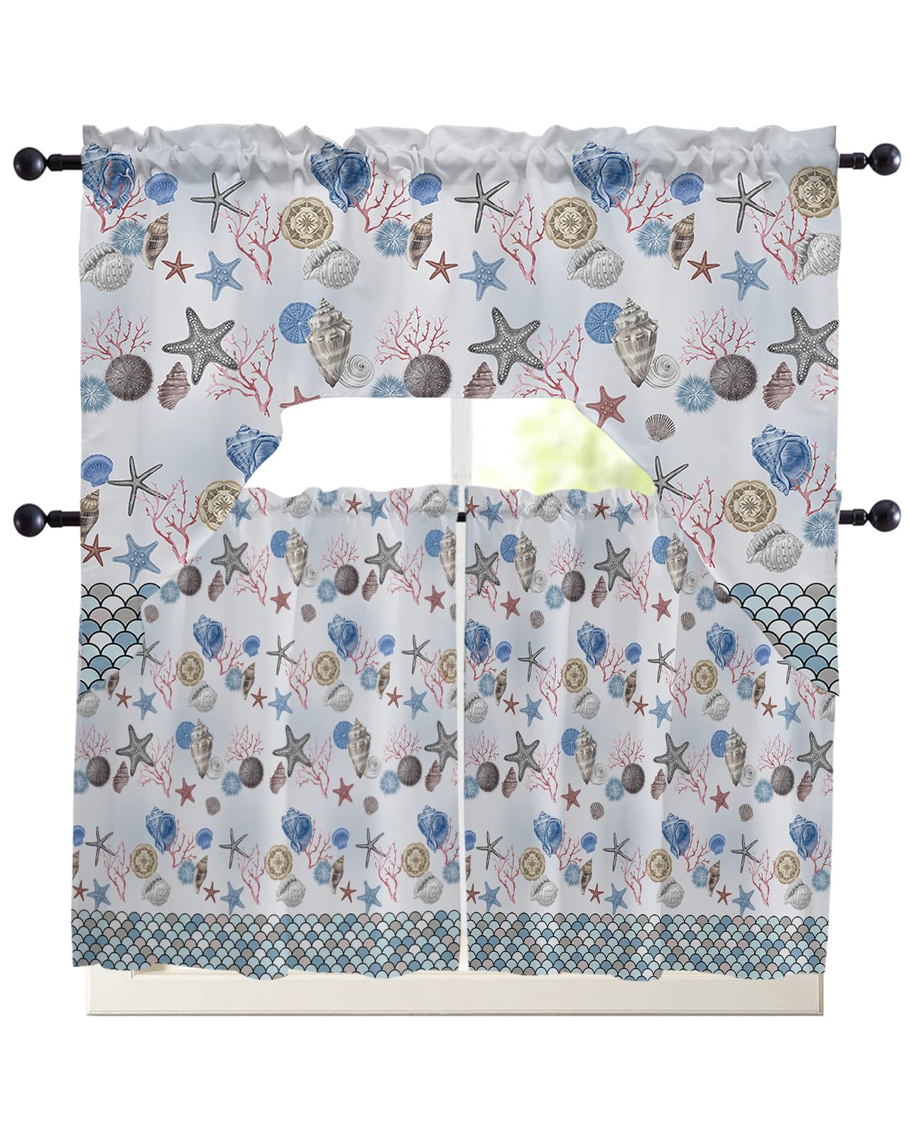 Ocean Starfish Kitchen Curtains Swag Valance and Tier Curtains Set 24 Inch Length, Rod Pocket Drape Panels Pair Swag Curtains for Bathroom/Cafe/Window Nautical Sea Shells Scales Vintage Blue