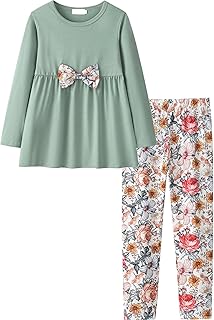 Yekaty Girls Clothing Set 2 Pcs Floral Soft Crewneck Long Sleeve Top+Leggings Loose Outfits With Bowknot