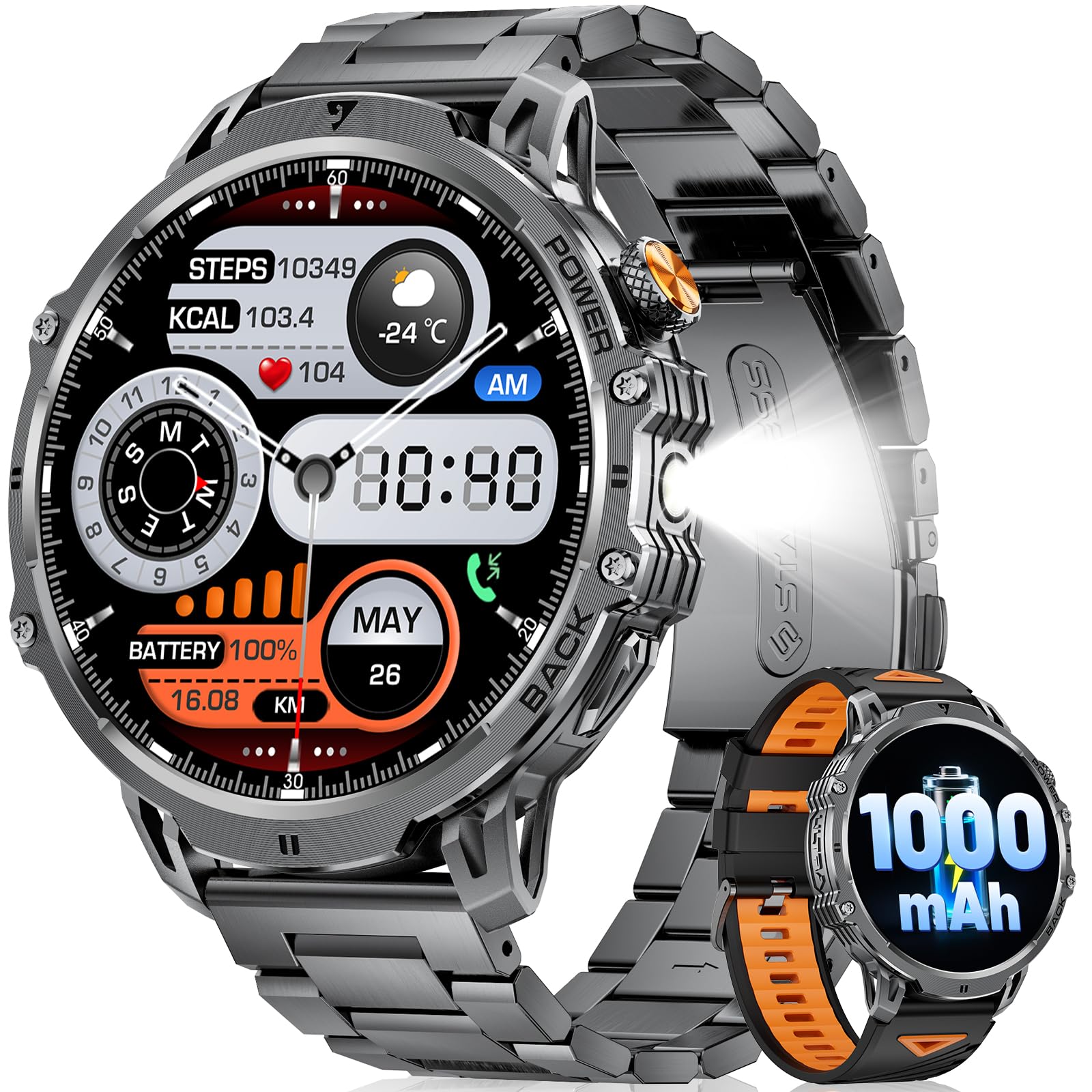 LIGE Smartwatch Herren 1000 mAh Akku/1.85‘’ HD Großes Display Smartwatch mit Anrufe,100+ Sportmodi,IP68 Wasserdicht Fitnessuhr mit 24/7 Herzfrequenz,Schlafmonitor für Android iOS,2 Bander,Metal