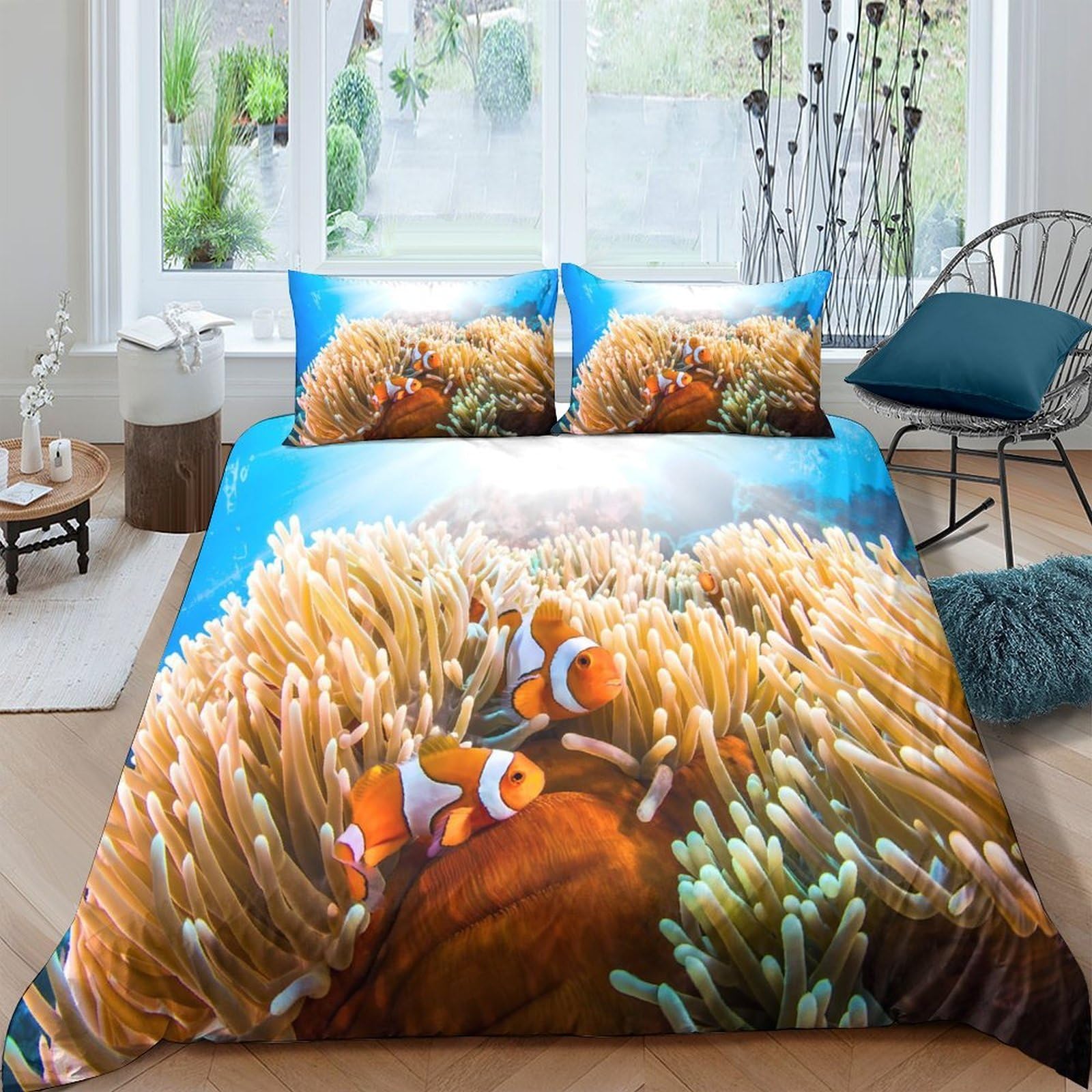 Ctjqhvkz Style-2 3D Printed Underwater Coral Fitted Sheet Microfiber Soft Clownfish Bed Cover For Bedroom Guest Room Decoration Single（135X200cm）