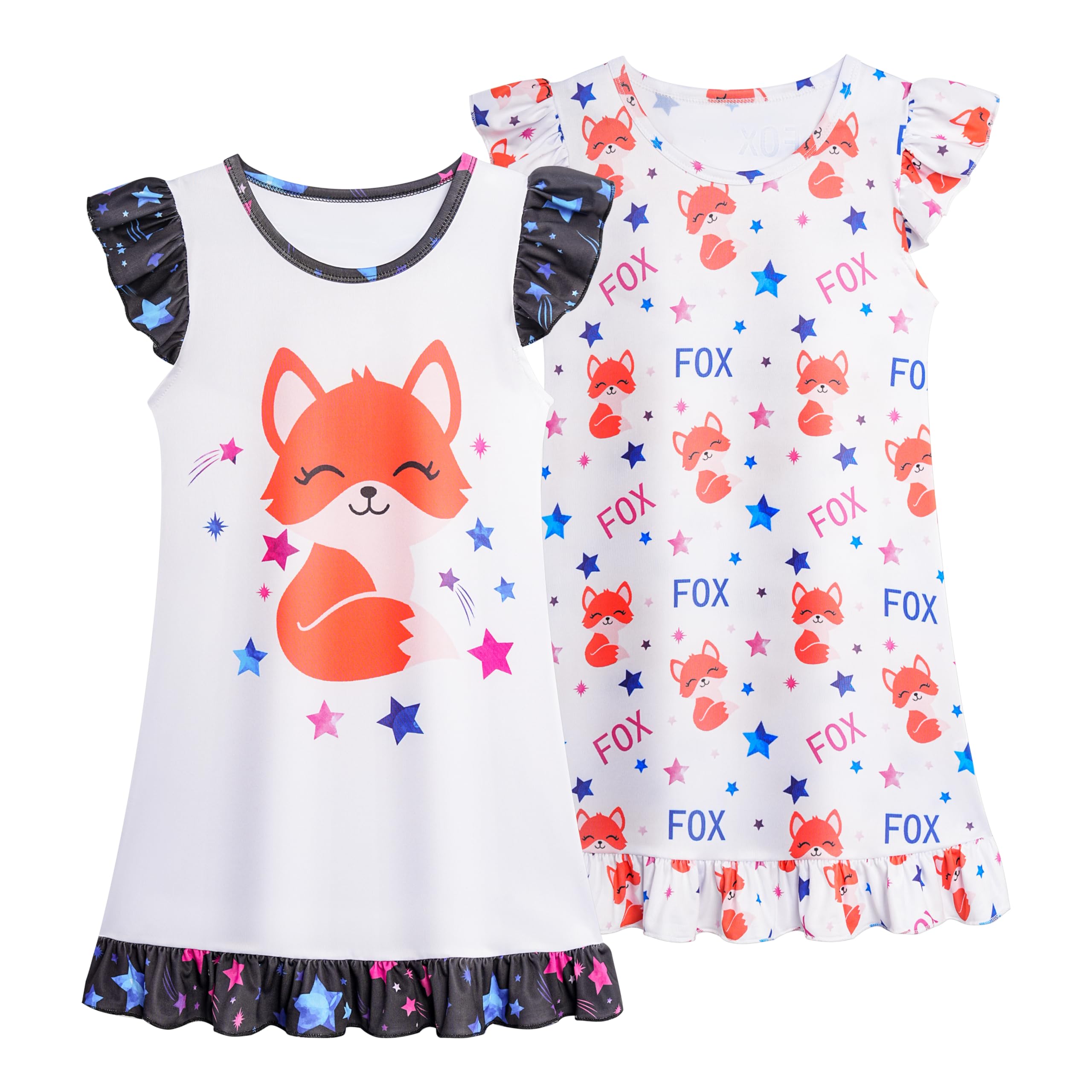 LQSZ 女の子用ナイトガウン 3-10歳 フラッター 半袖ドレス ナイトドレス 寝間着 パジャマ ナイトガウン 女の子用 2個 A-fox。 (5-6)Years