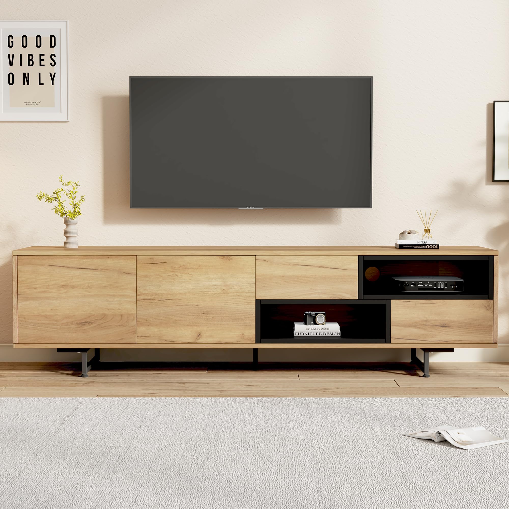 BTM Living room TV cabinet,multi-functional storage cabinet,made of wood grain particleboard, with open storage space featuring two drawers and two cabinet doors, suitable for a 70-inch TV