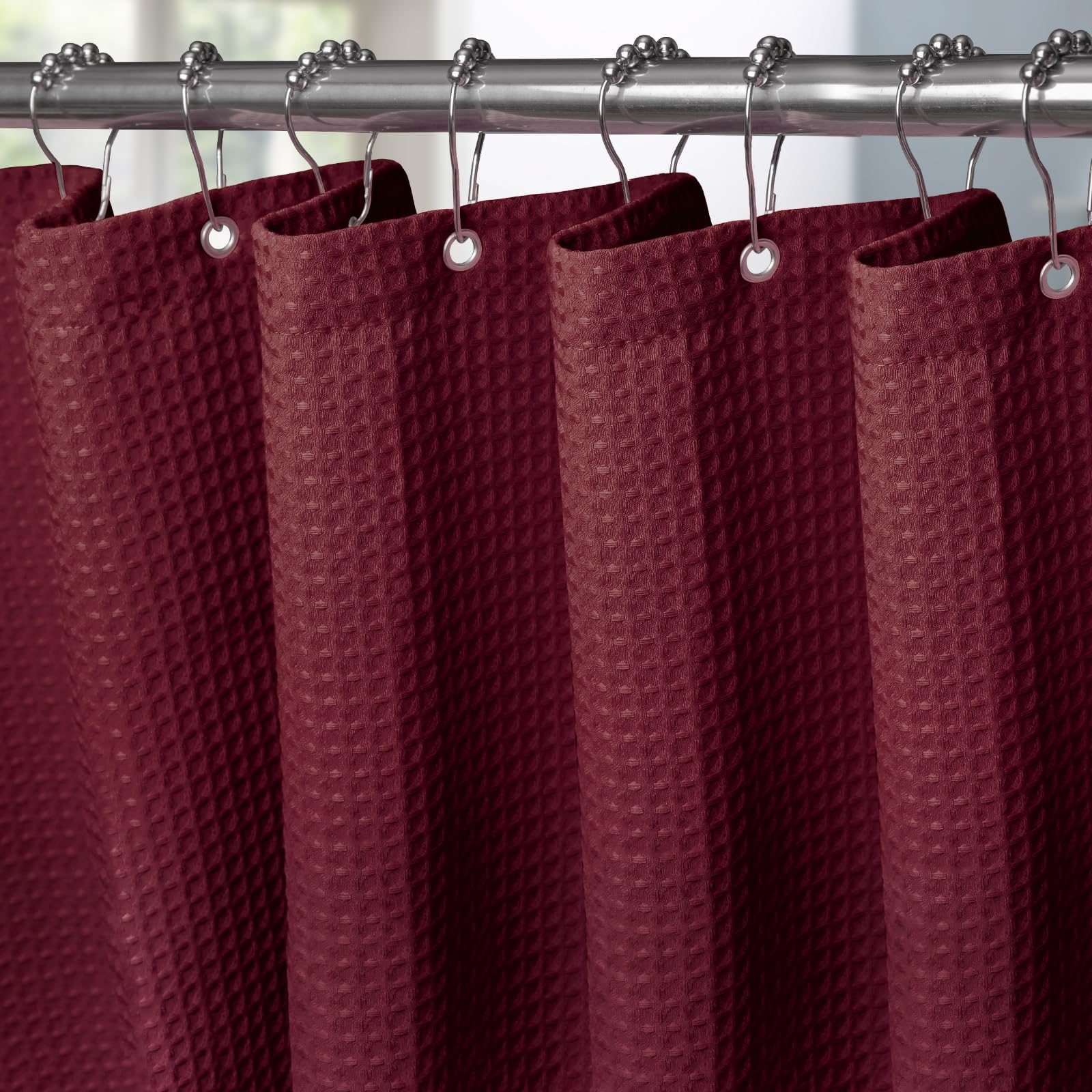 VANZAVANZU Tenda da Doccia in Tessuto Waffle Con Ganci in Metallo - Resistente All'acqua per Bagno e Vasca - 92 x 182 cm (Borgogna)