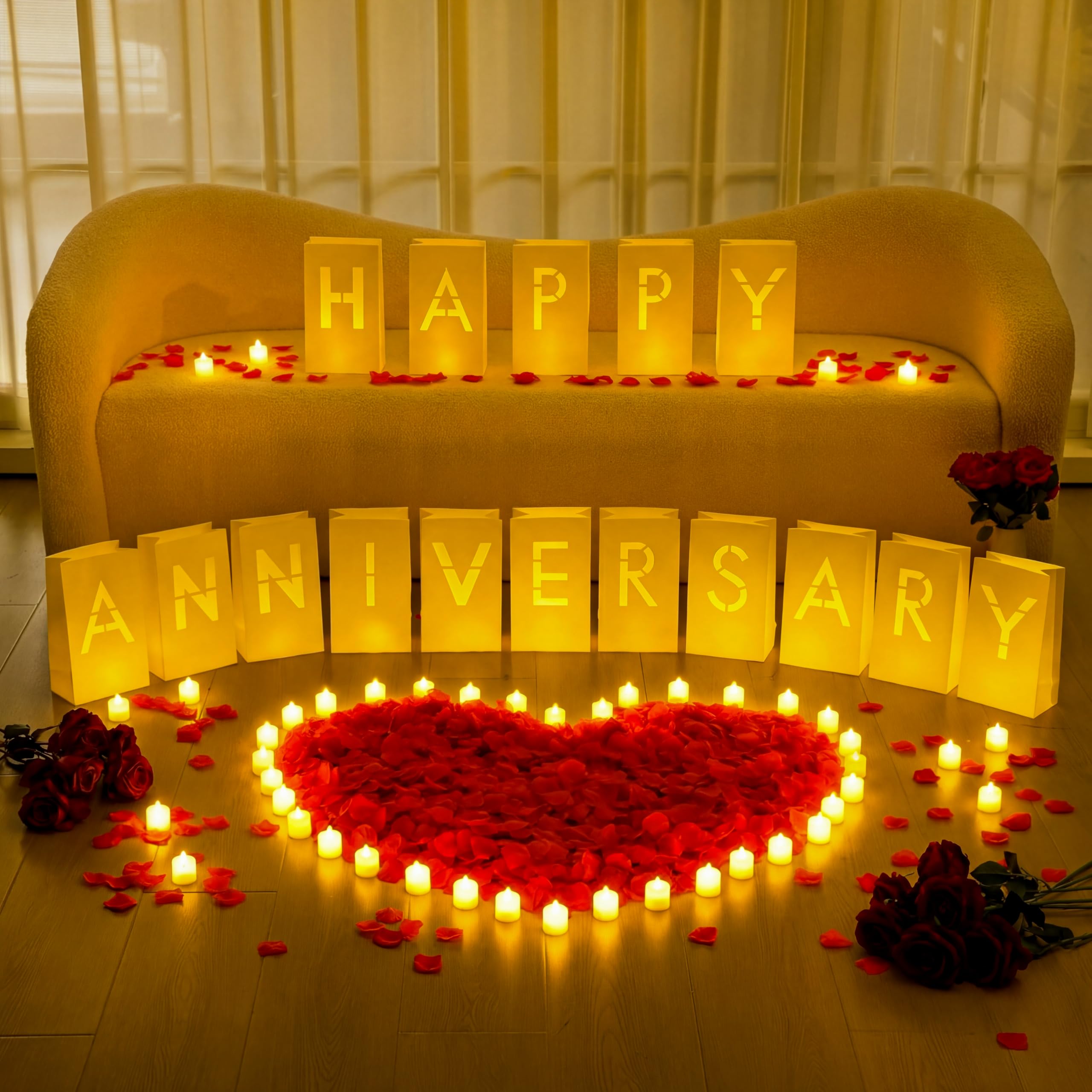 Aurelema 6088 Pcs Happy Anniversary Light up Letters with LED Flameless Tealight Candle Red Rose Petal Letter Luminary Paper Bag for Valentine's Day