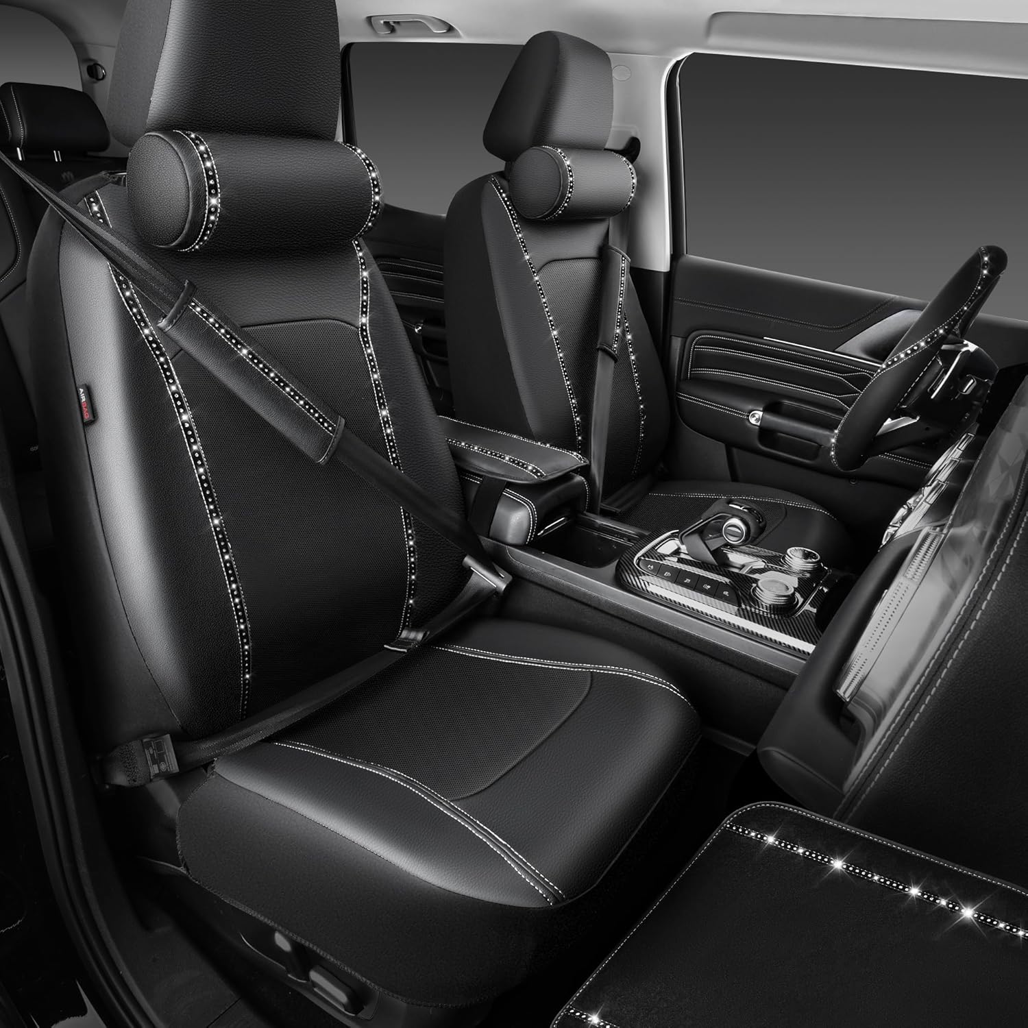 CAR PASS 14 PCS Bling Diamond Car Accessories Set for Women, Leather Seat Covers Front Seats Sparkly Rhinestone 15'' Steering Wheel Covers Shining Diamond Car Floor Mats Cute Interior Sets, Silver - Image 2