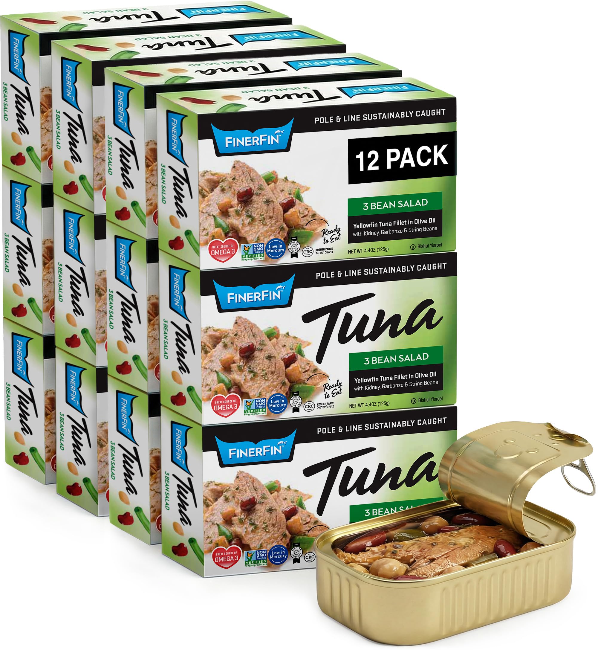 FinerFin Yellowfin Tuna Fillets in Organic Olive Oil | 3 Bean Salad Flavor | Premium Canned Tuna Fish with EVOO | Gourmet Ready-to-Eat Pole & Line Caught Fillets | 4.4oz can - 12 Pack