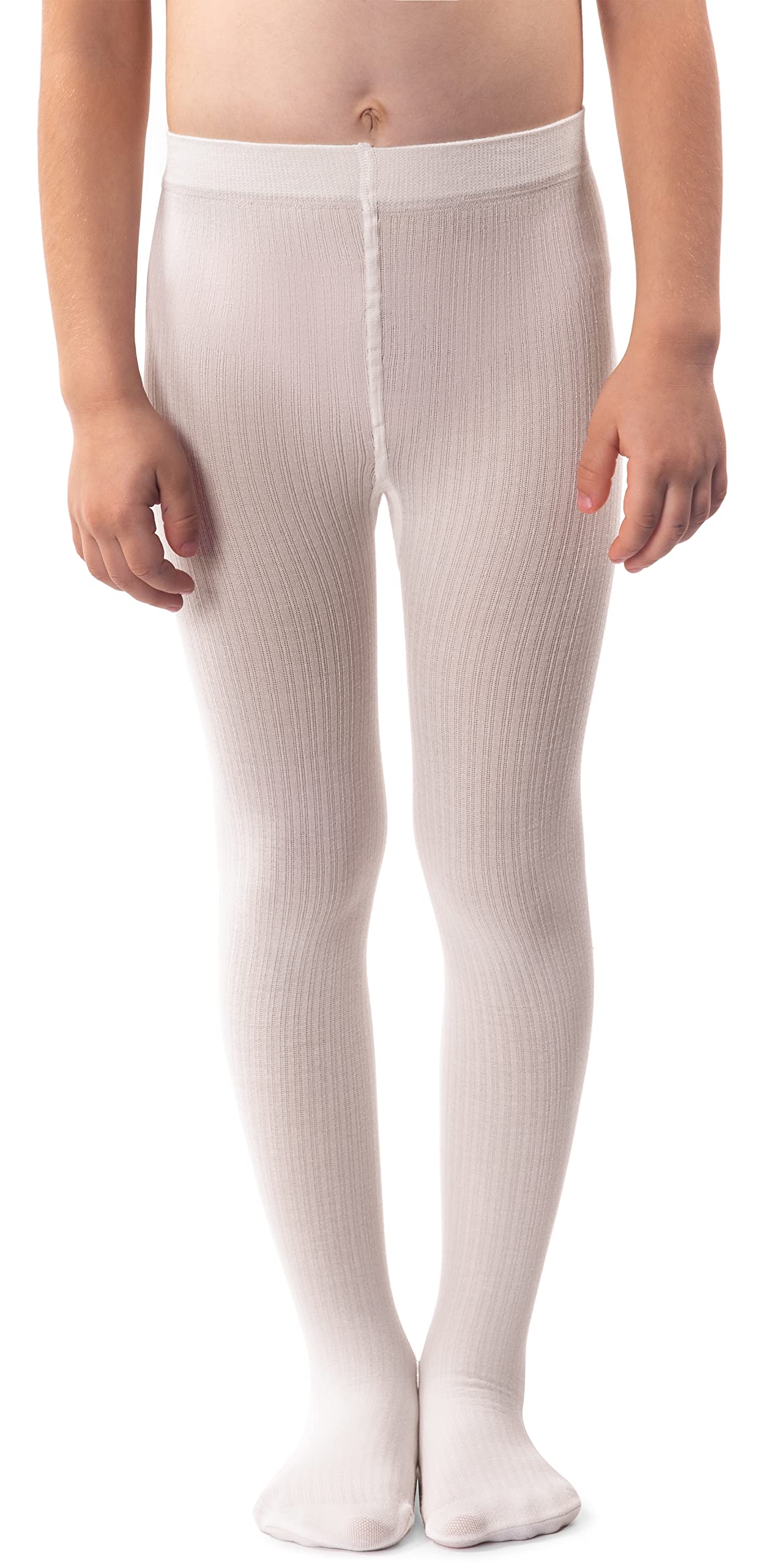 NOQ Girls Plain Knit Tights Footed Warm Opaque School Kid Stockings Ballet Dance Show Nursery, Ecru 9/10 years