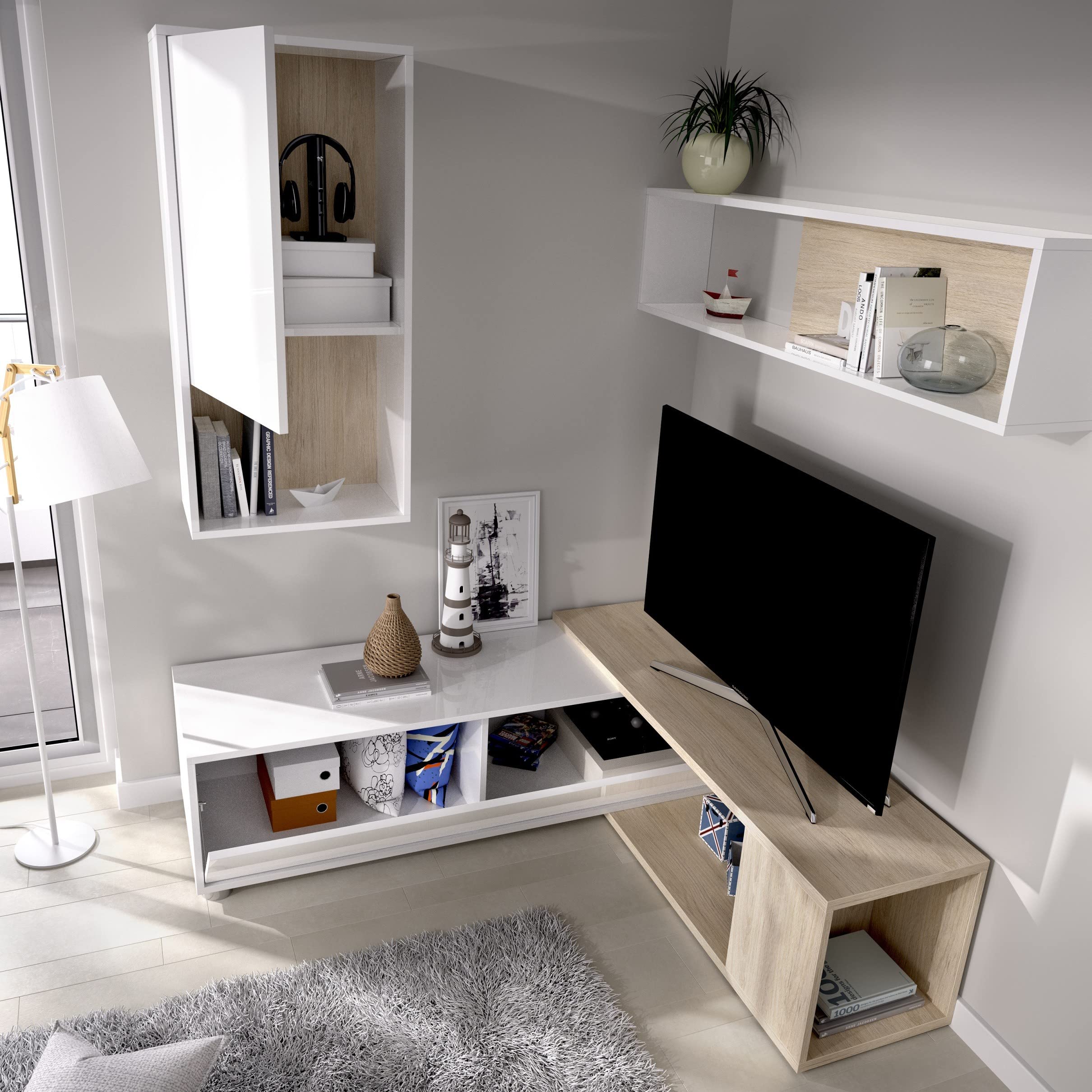 Parete attrezzata porta Tv 230 cm Luna Bianco lucido e Rovere Naturale - Bianco e Naturale