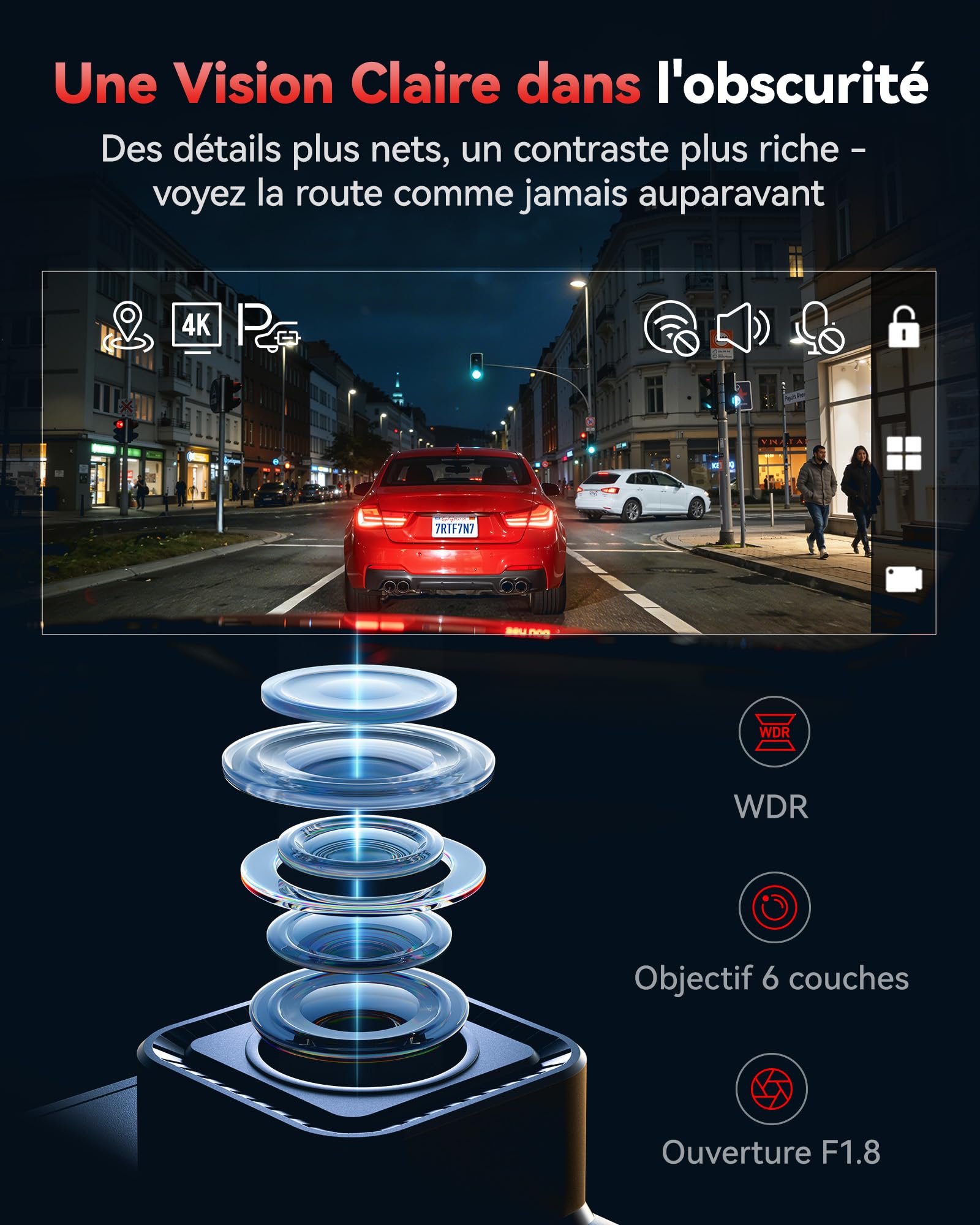 REDTIGER F7N-N Dashcam Voiture 4K Avant Arrière, WiFi 5.8GHz 20 MB/s avec App, Caméra Embarquée 2160P/FHD, GPS Précis, WDR, Écran 3,18", Vision Nocturne, Mode Stationnement 24H (sans Carte)