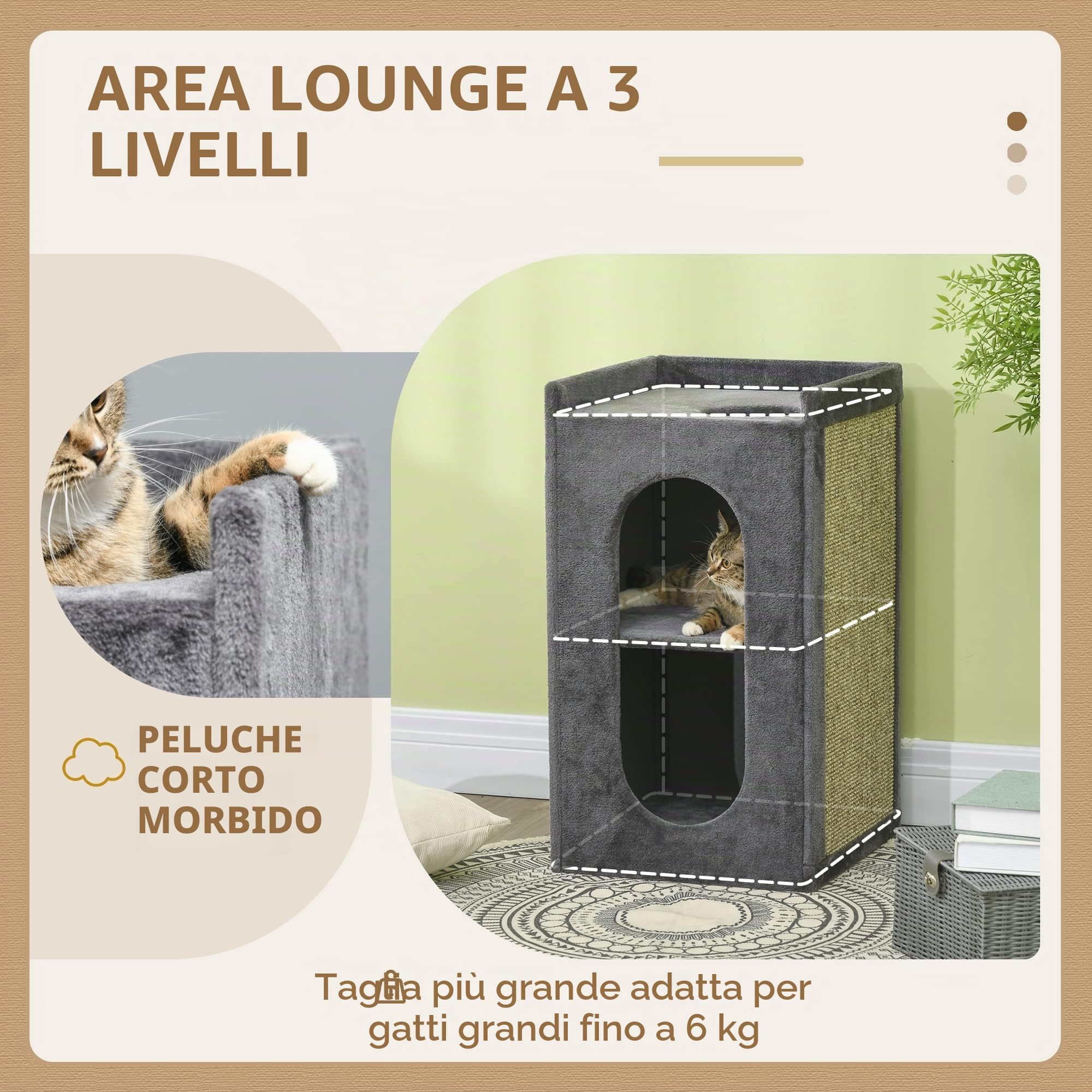 PawHut Tiragraffi altezza 81 cm, albero tiragraffi con 2 grotte, torre tiragraffi con tavola tiragraffi, torre di gatto a 2 livelli, pattumiera per gatti fino a 6 kg, grigio scuro