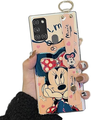 Funda para Galaxy A21s para mujer, funda con soporte para muñeca, ultra delgada, diseño de ratón, ratón de dibujos animados, patrón de animal, punto