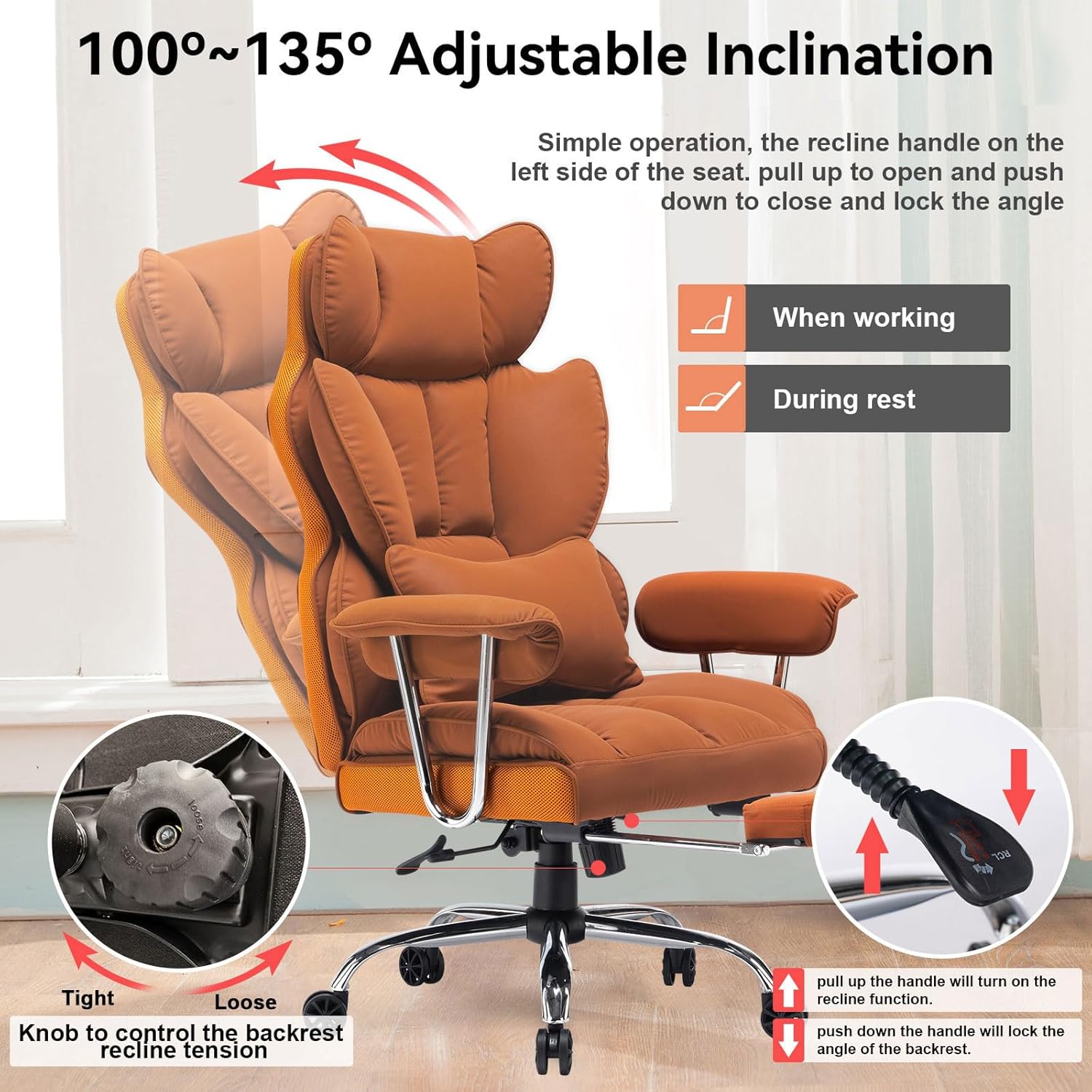 Efomao Desk Office Chair 400LBS,Big and Tall PU Leather Computer Chair,Executive Office Chair with Leg Rest and Lumbar Support (Dark Orange)