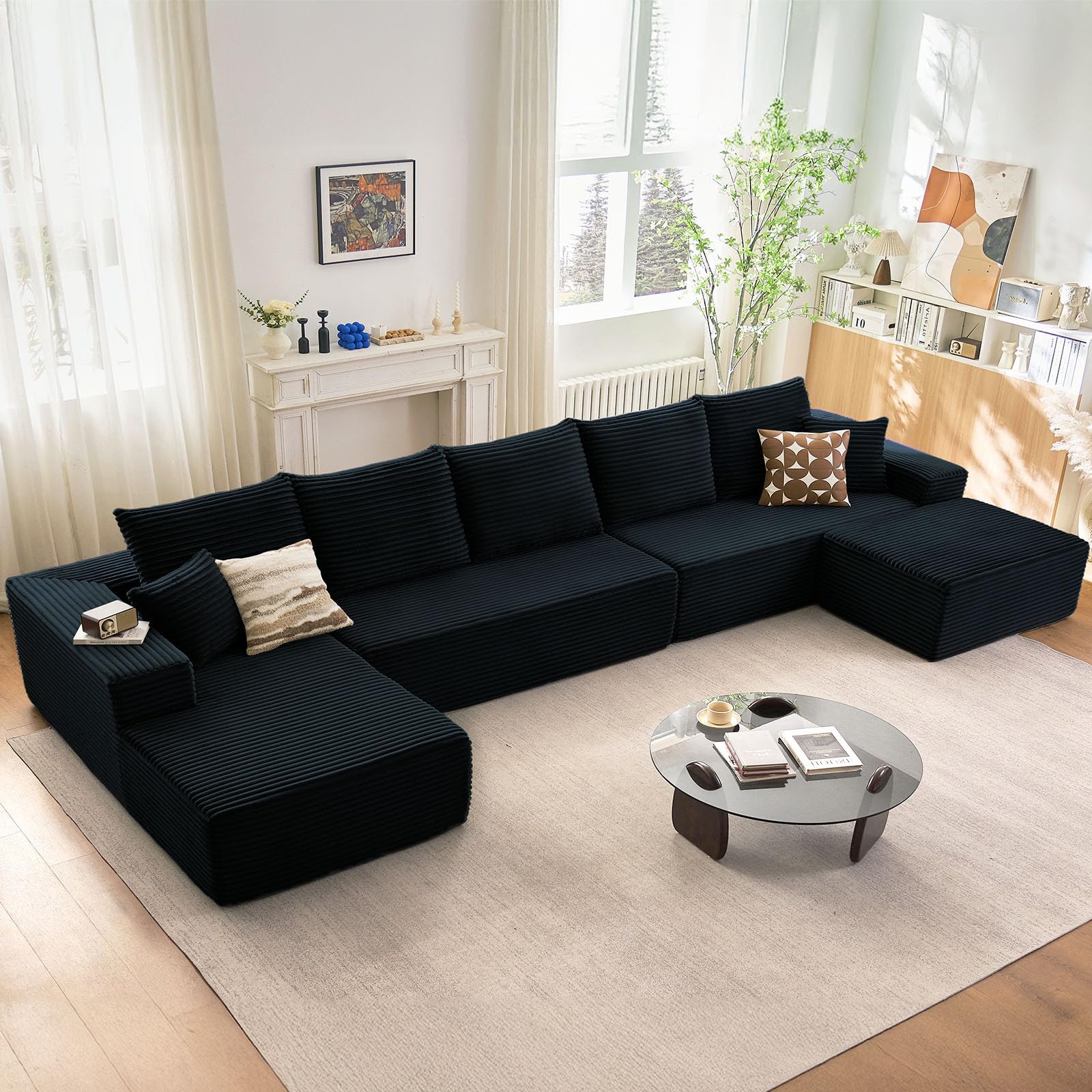 Oversized Modular Sectional Sofa Couch, Large 6 Seater Corner Sofa Modern U Shaped Sectional Couch Cloud Couches for Living Room, Office, Spacious Space, Corduroy, No Assembly Required, Black