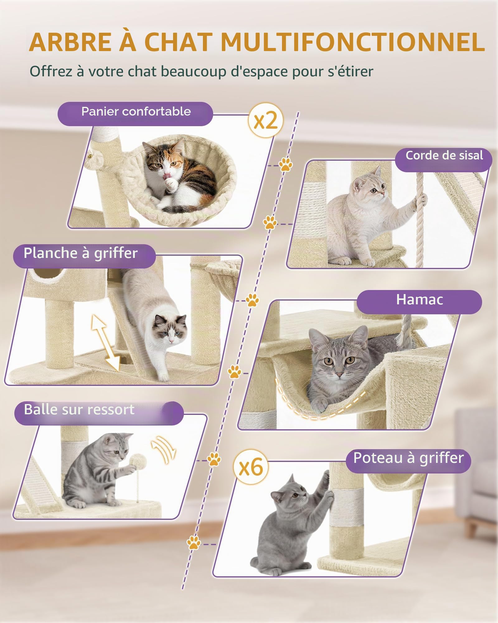 Hzuaneri Arbre à Chat, XXL, Hauteur 209 cm, avec 7 Griffoirs, 3 Niches, 2 Plateformes, 2 Planche à Gratter, Panier, Hamac, Balle en Peluche, Arbre à Chat à Plusieurs Niveaux, Beige MS20918YL