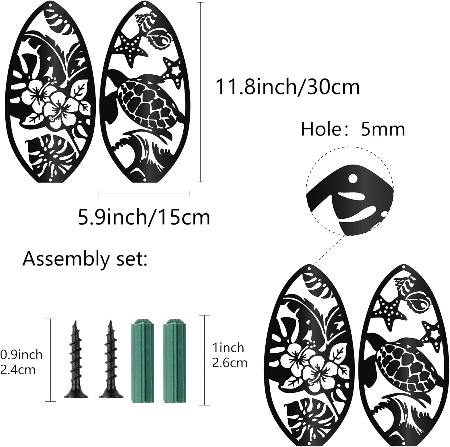 CREATCABIN 2Pcs Surfboard Metal Wall Art Iron Hibiscus Turtle Wall Decor Hanging Summer Tropical Black Silhouette Ornament Iron Sign for Yoga Studio Indoor Outdoor Home Office Decor Gift 11.8x5.9Inch