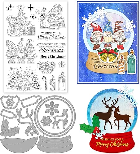 ORIGACH Juego de sellos transparentes de Navidad y troqueles de corte, sellos de silicona de gnomo de Navidad y globo de nieve de metal troquelado