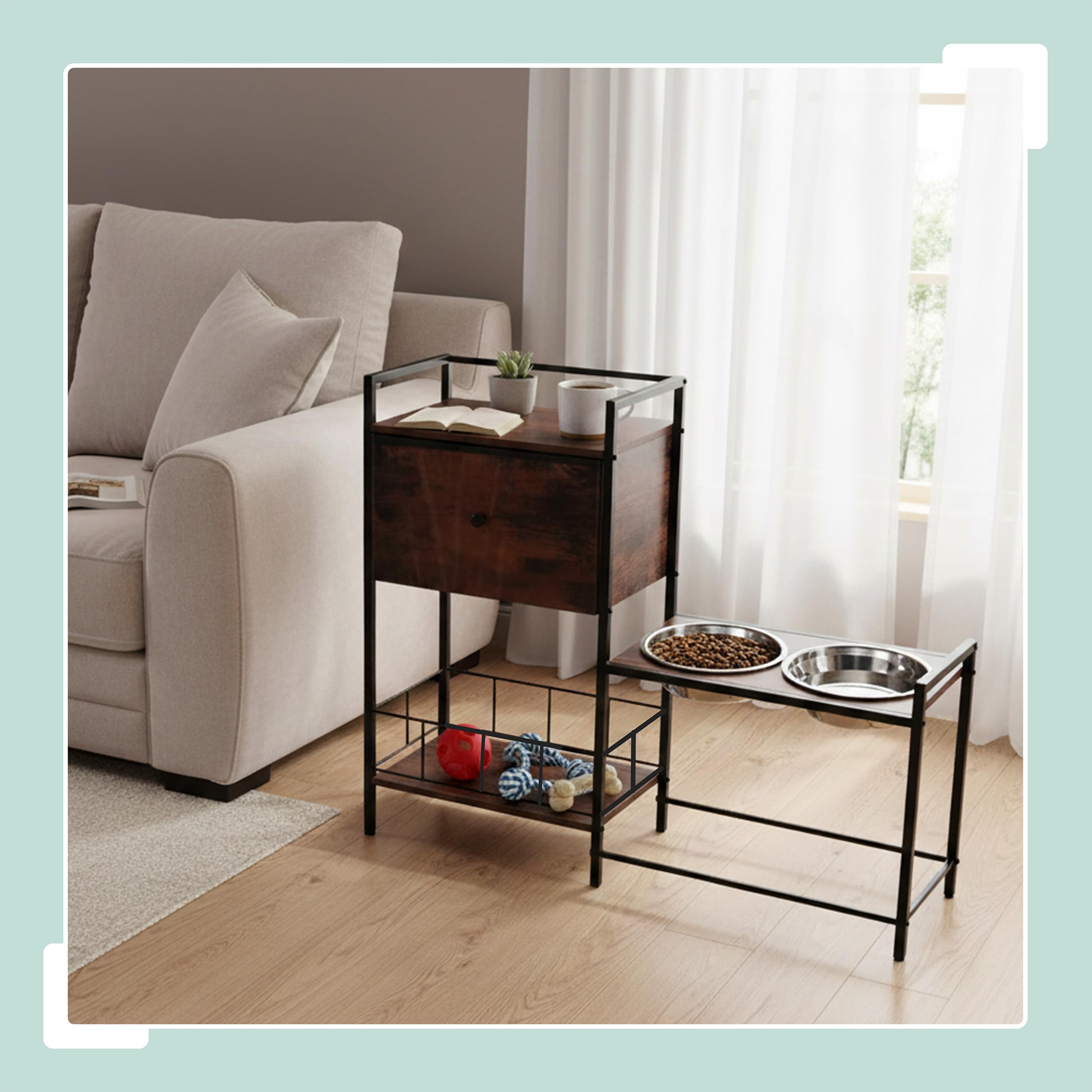 Relaxdays Comedero Elevado para Perros con 2 Cuencos de INOX, almacenaje, 76×90×27 cm, Armario Industrial marrón