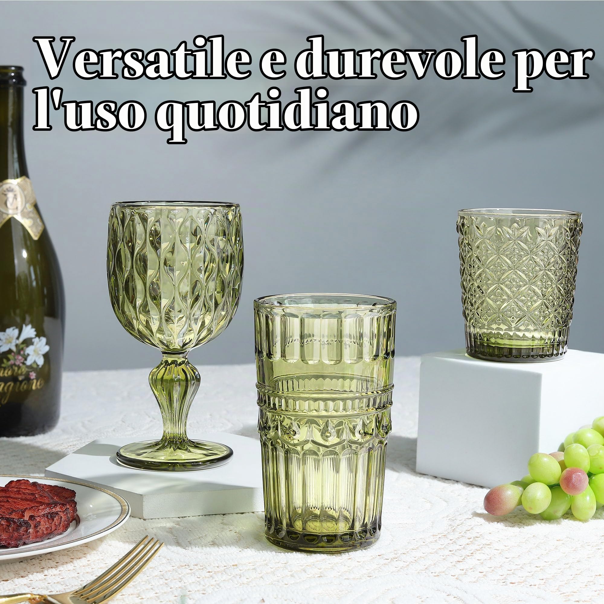 Joeyan 32cl Bicchieri da Acqua in Vetro Colorati, Set di 6 Verde Tumbler Basso con Quadretti Caramella Rilievo, Design Moderni, Idea Regalo Per Matrimoni, Feste e Casa Nuova, Lavabile in Lavastoviglie