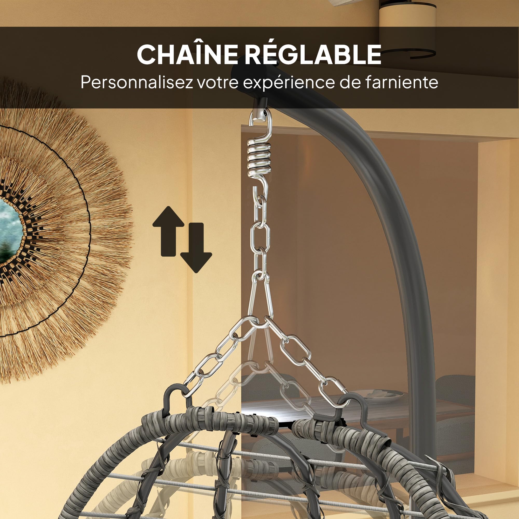 Outsunny Fauteuil Suspendu Pliable en résine tressée avec Support Gris