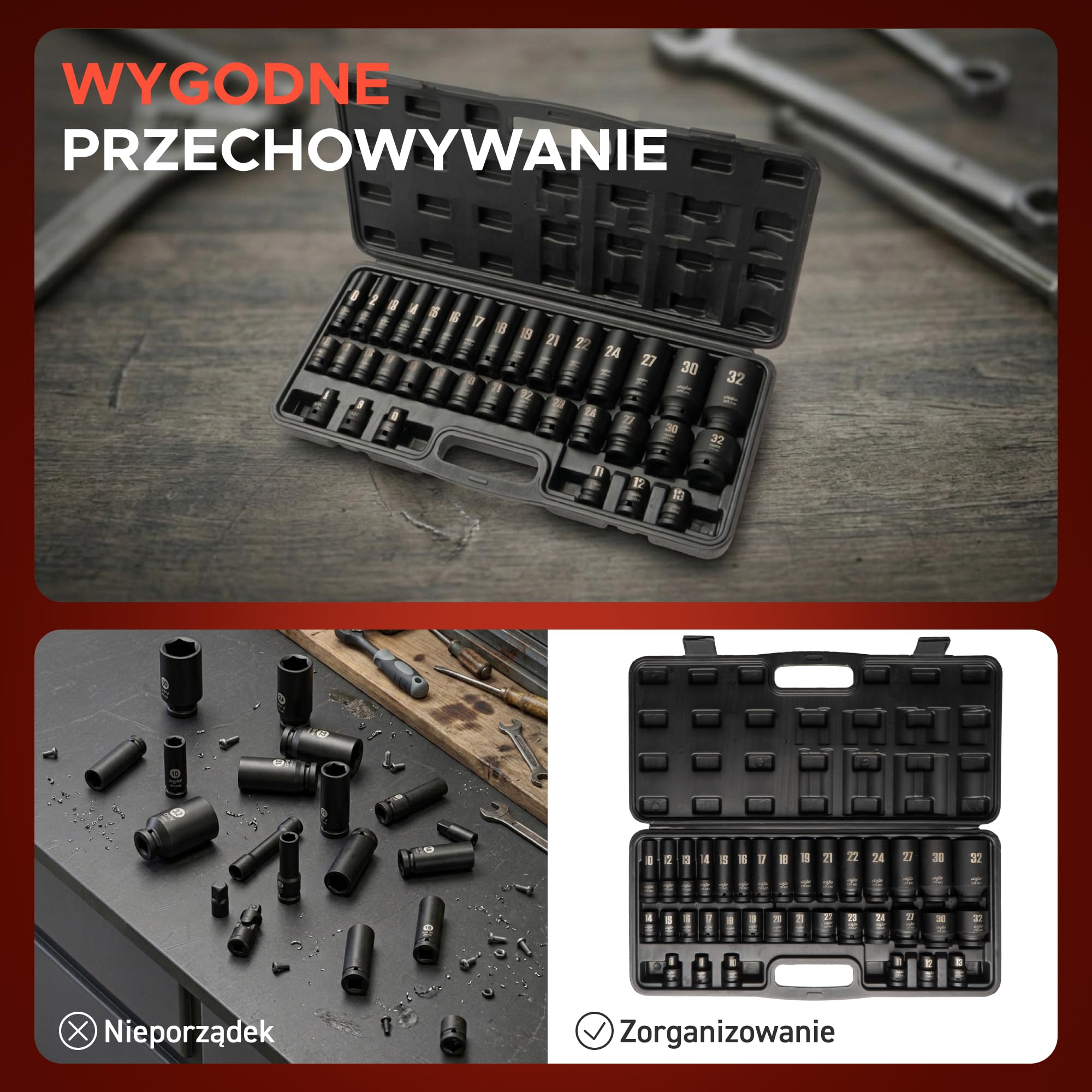 MJW Nasadki udarowe CrMo 1/2" 35 el. (8–32 mm krótkie, 10–32 mm długie) – zestaw nasadek udarowych do kluczy udarowych i narzędzi ręcznych – do garażu i profesjonalnego warsztatu