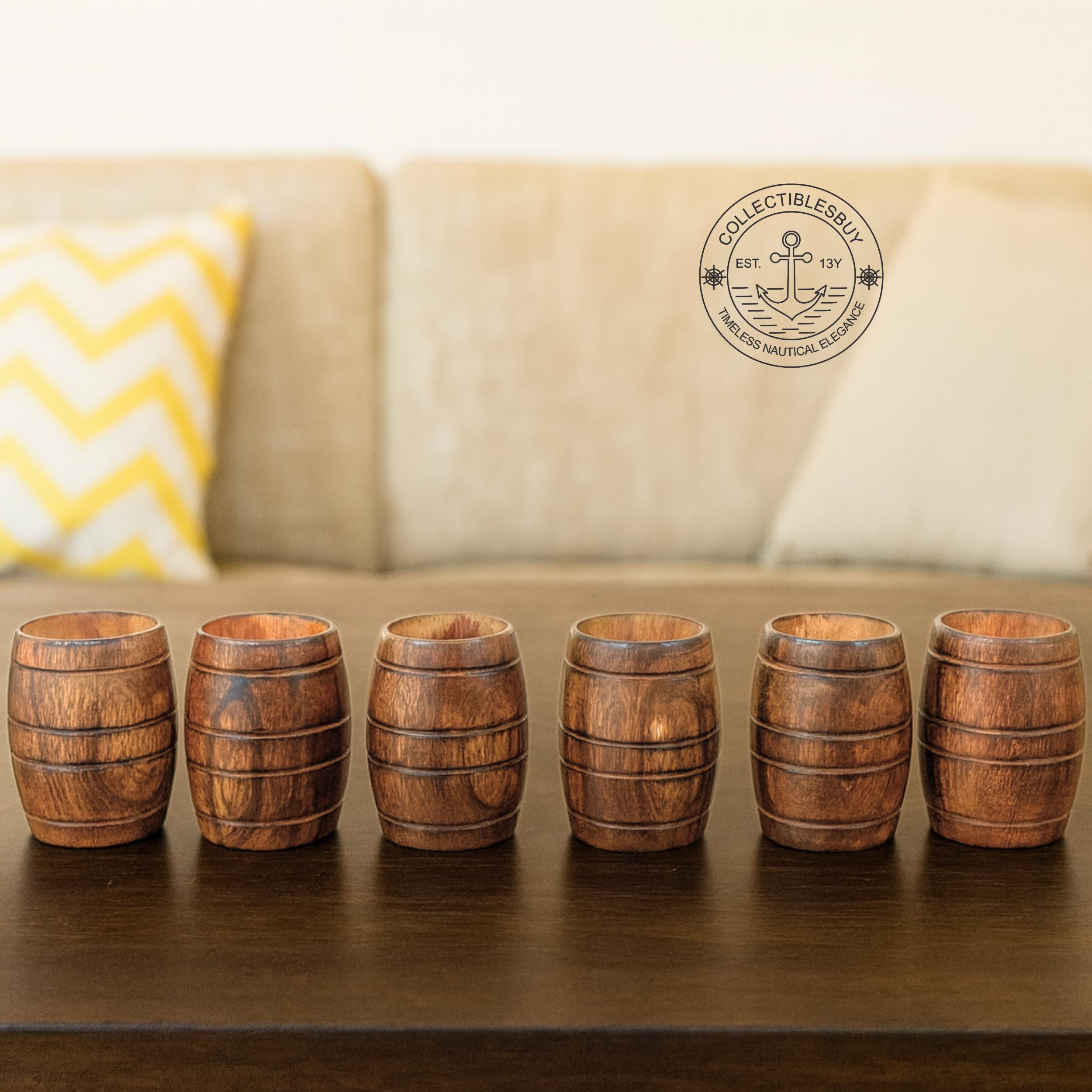 collectiblesBuy Handgefertigte Mangoholzbecher Set mit 6 Stück für Tee aus Holz, fassförmig, Bierkrug, Kaffeebecher, klein, Reisen, Camping, Trinken, tragbarer Becher für Männer, Weinbecher, Bierkrug,