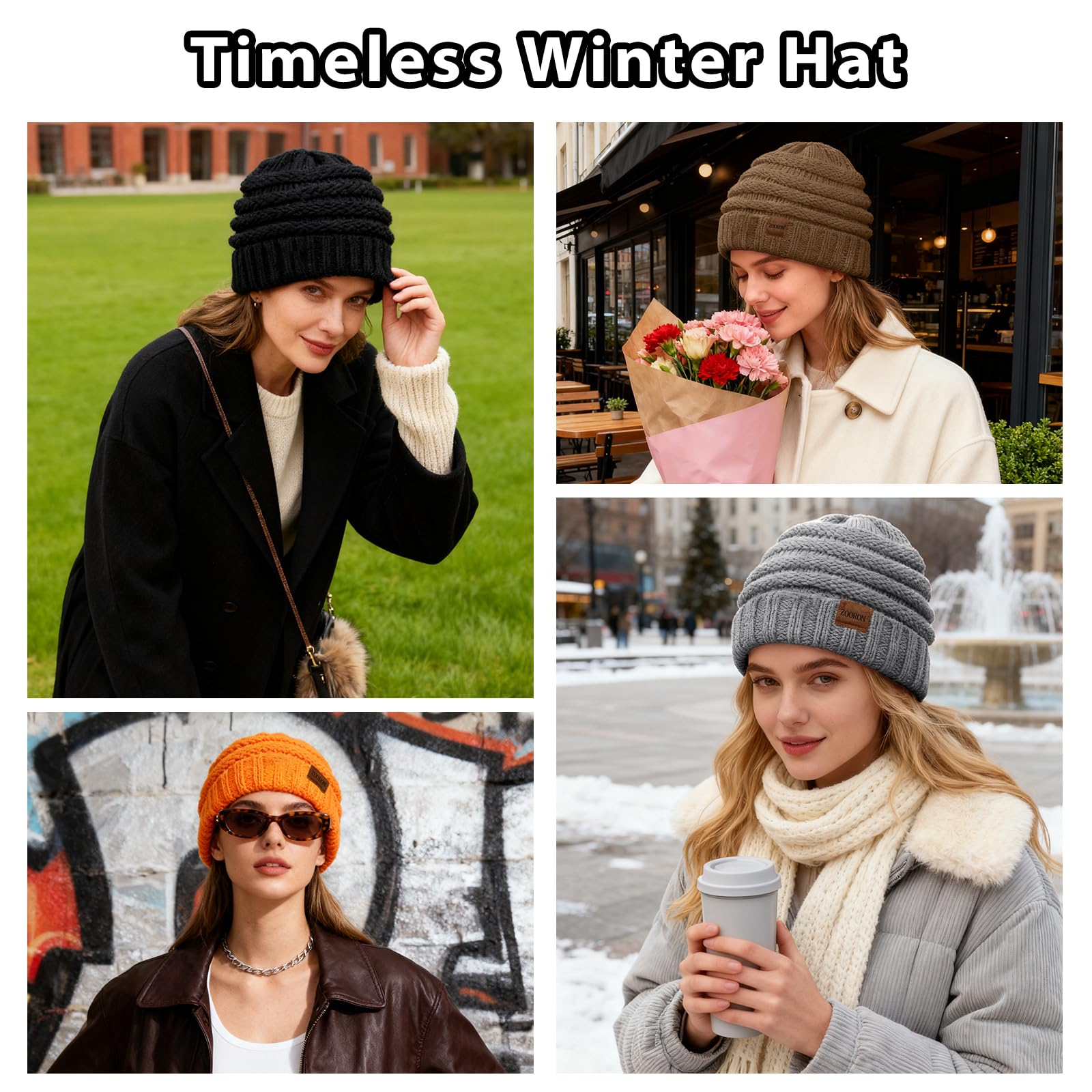 ZOORON Womens Winter Hat Slouchy Beanies for Women Cable Knit Winter Beanie Hats for Women Thick Cold Weather - Beanies Women, 1pack- Black, 7-7 3/8 4
