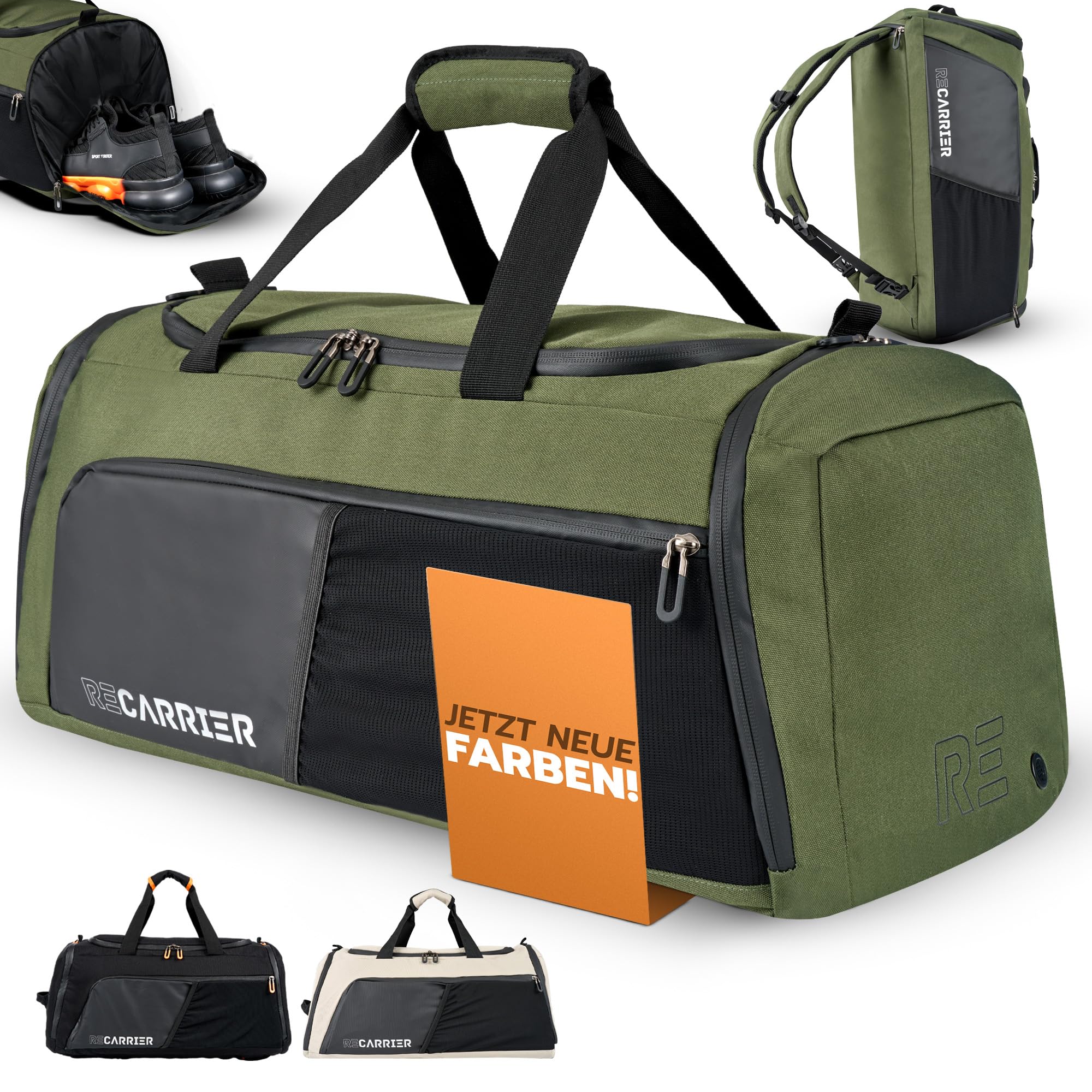 RECARRIER Sporttasche [RECYCELTES PET] 50L – Gym Bag und Rucksack in Einem – wasserdichte Trainingstasche Herren Damen – Sportrucksack mit Schuhfach Fitness, Reisetasche groß