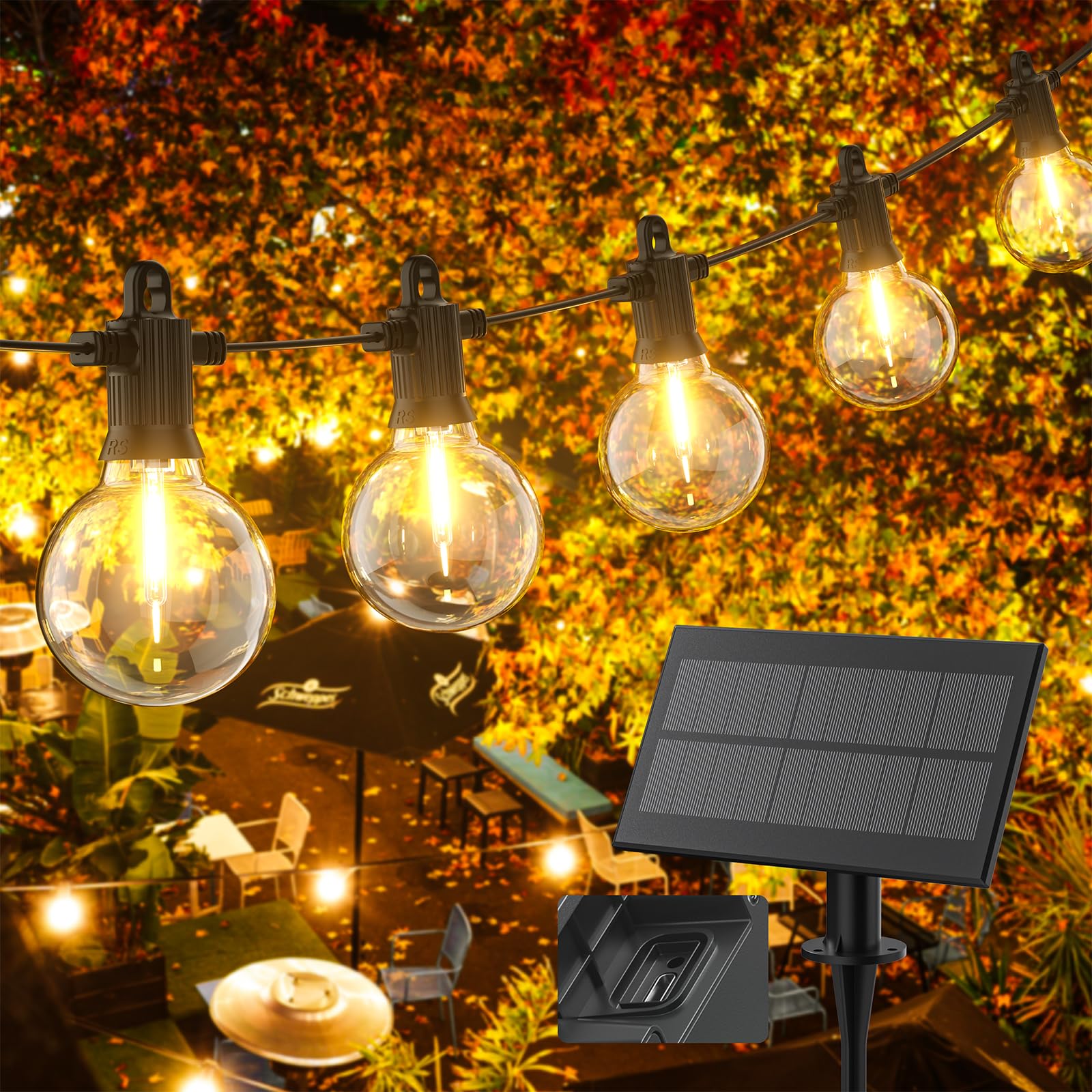 Geemoo Lichtsnoer op zonne-energie voor buiten, met 16 gloeilampen, 6,4 m, lichtketting weerbestendig, warm wit, vintage lichtketting op energie, henneptouw, outdoor