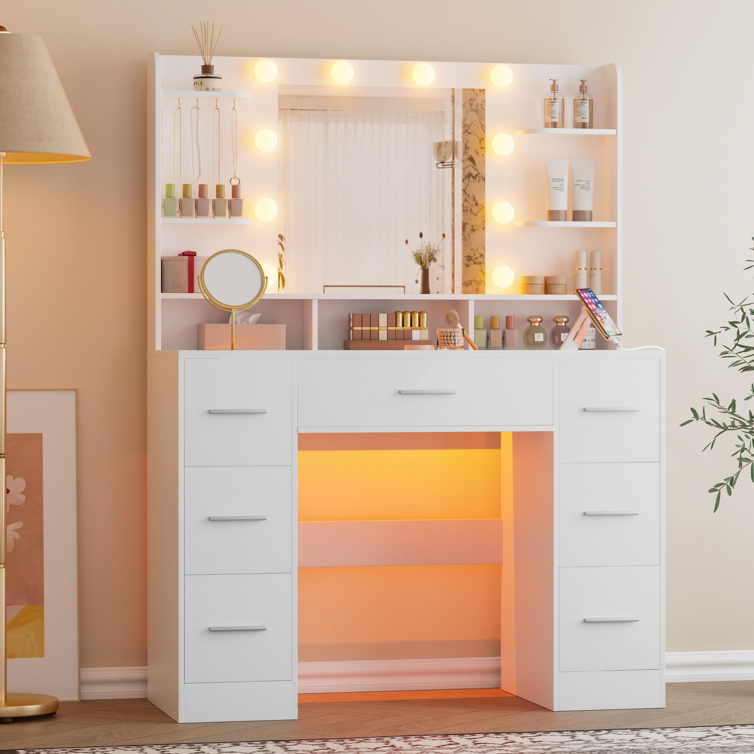 Schminktisch mit LED-Beleuchtung & großem Spiegel – Kosmetik- & Frisiertisch, dimmbar, USB-Ladestation, verstellbare Ablagen, große Schublade, für Schlafzimmer