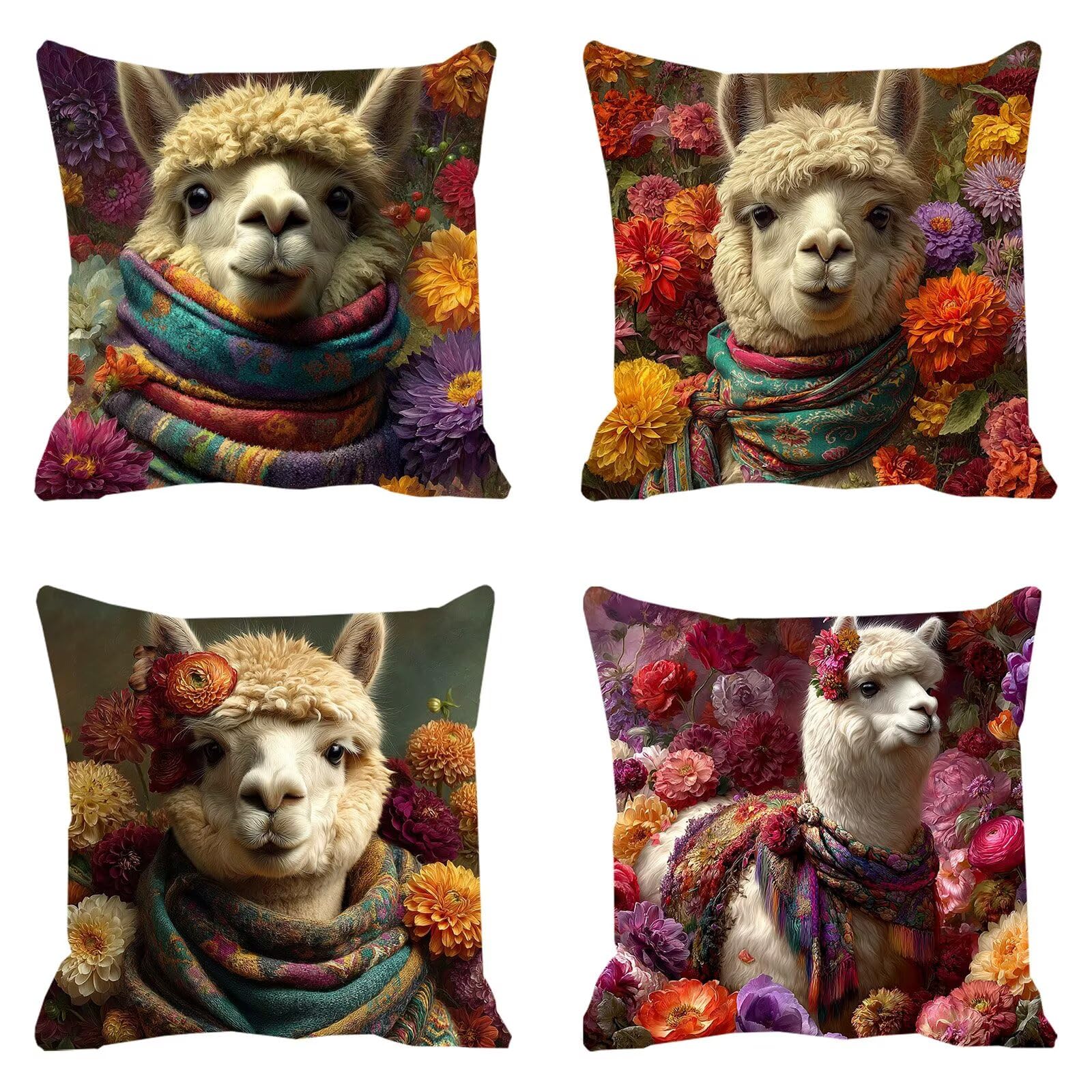 Lot de 4 Housses de Coussin Canapé 60x60cm Décoratives Double Face Taie d'oreiller en Velours Alpaga Coussin Carré Fleurs Taie d'oreiller pour Chambre, Bureau, Jardin Salon Canapé Voiture Ferme F0P660