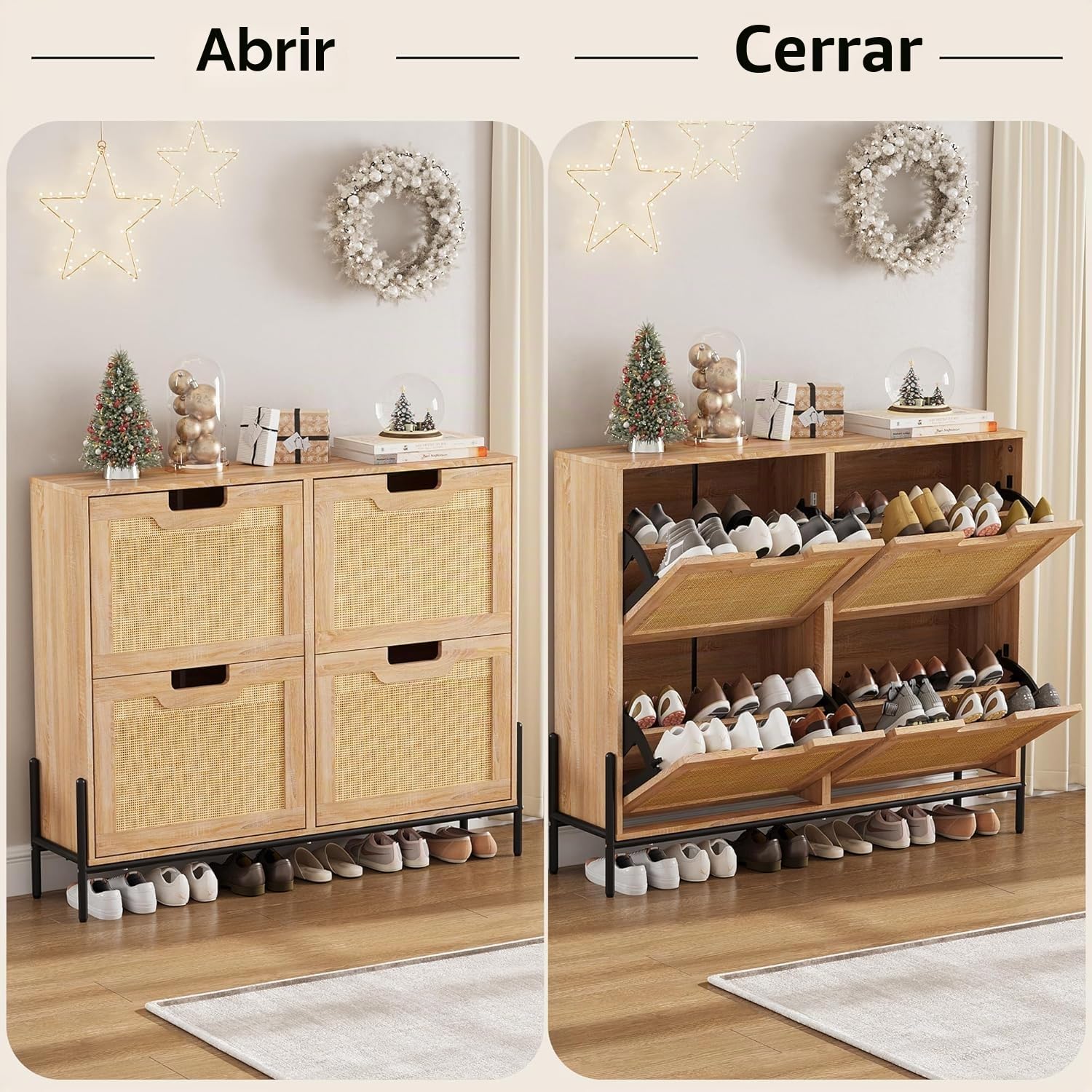 Garvee Zapatero Estrecho con 4 Solapas, de Madera con Puertas de Rattán | Mueble Zapatero Abatible, Estantes Regulables, Apto para Botas, Ideal para Entrada, Salón, Pasillo, 100 x 24 x 88 cm, Roble