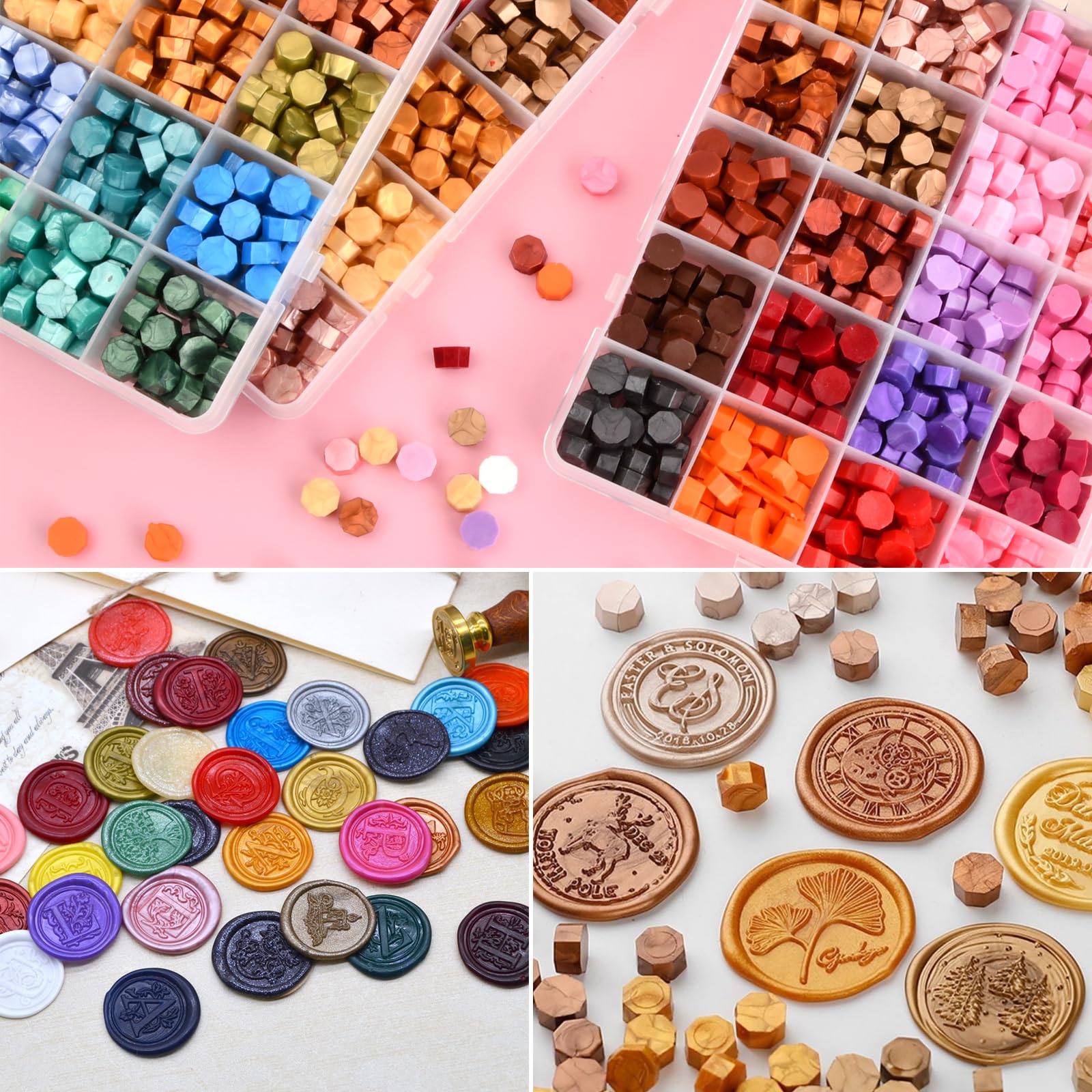 Kit de Perles de Cire à Cacheter Octogonale 600 Pcs, 24 Couleurs avec Boîte Transparente