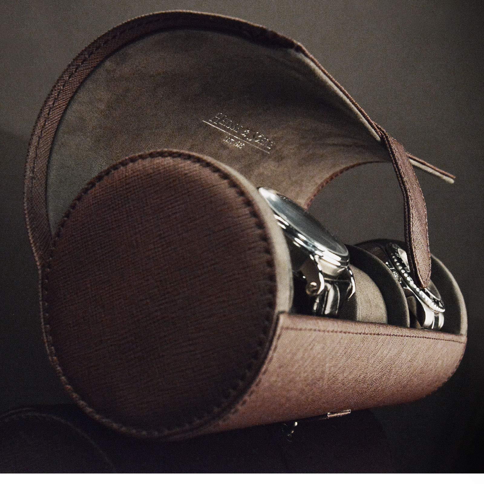 HEISSE & SÖHNE SEIT 1976 - Uhrenrolle 3 Uhren braun. Elegante Uhrenbox, Uhrenetui, Uhren Aufbewahrungsbox für Männer. Hochwertiges Reiseetui zur Uhrenaufbewahrung. Rondo das Uhren Reiseetui,