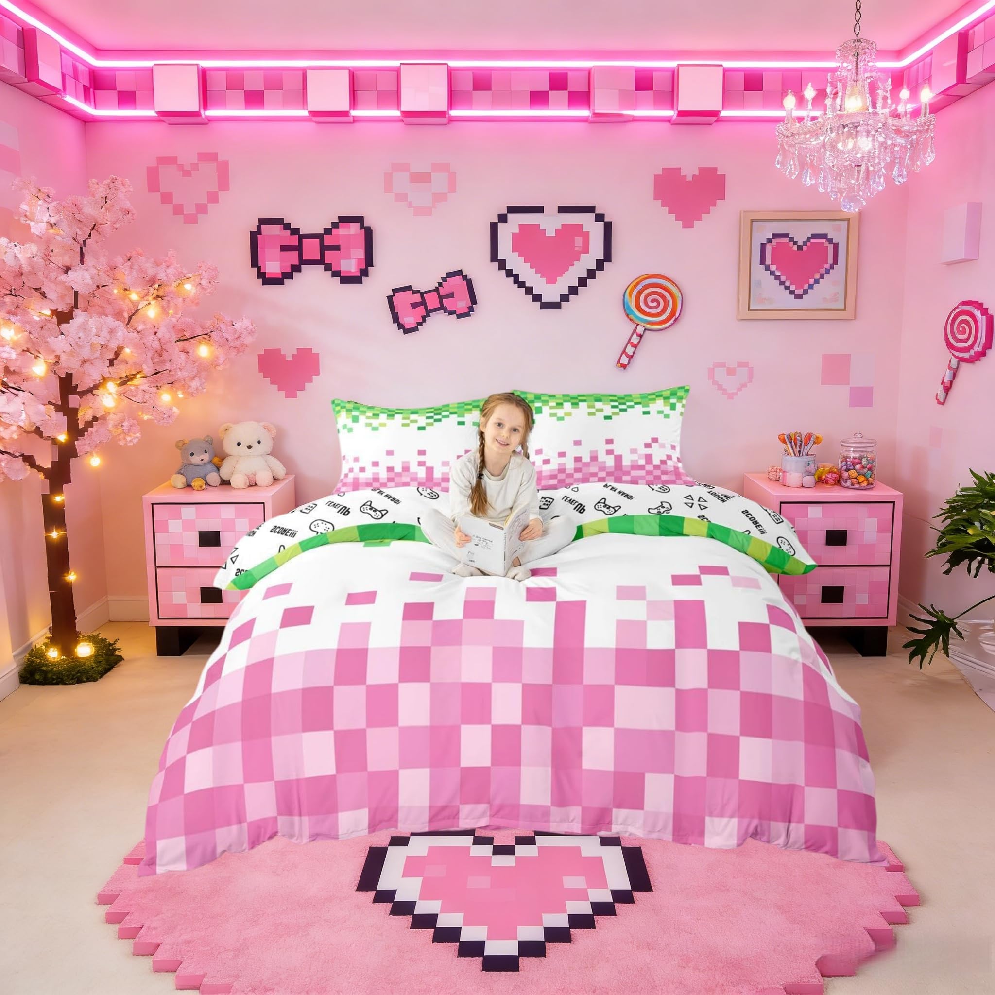 Manfei Pixelated Style Duvet Cover Set Double Size,Geometric Camouflage Grid Bedding Set for Kids Teens Bedroom Decor,Video Games Comforter Cover,Pink Green 2 Pcs Bedding Collection,No Filler — image 1