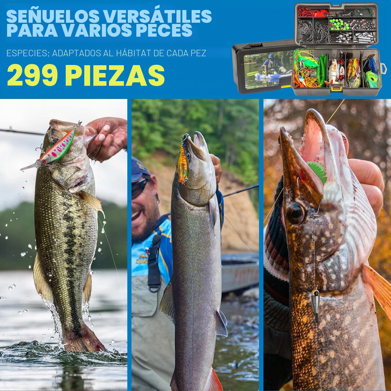 THKFISH Kit de señuelos de pesca, equipo de pesca de lubina para agua dulce y salada, caja de aparejos con aparejos incluidos, cebos de agua superior, cebo giratorio, rana, ganchos/pesos, accesorios
