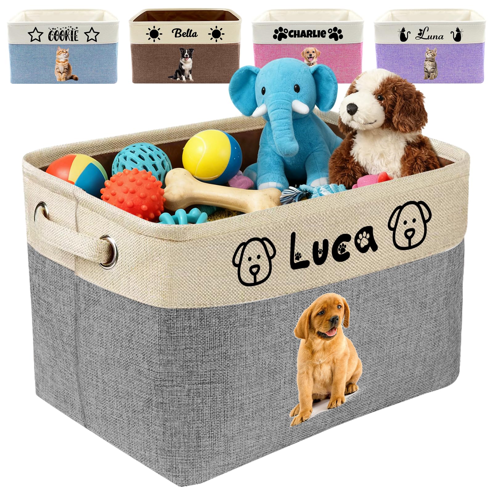 Panier de rangement personnalisé pour jouets pour animaux de compagnie – Organisateur de jouets personnalisé pour chien et chat avec nom, panier en tissu pliable et durable pour fournitures