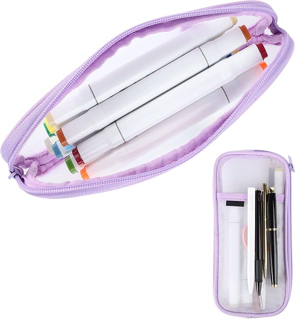 Thboxes Purple Grid Mesh Pencil Case, Clear Girls Pen Pencil Case, Transparent Pencil Pouch Cosmetics Bag Organizer Box with Zipper for Teen Girls Adluts