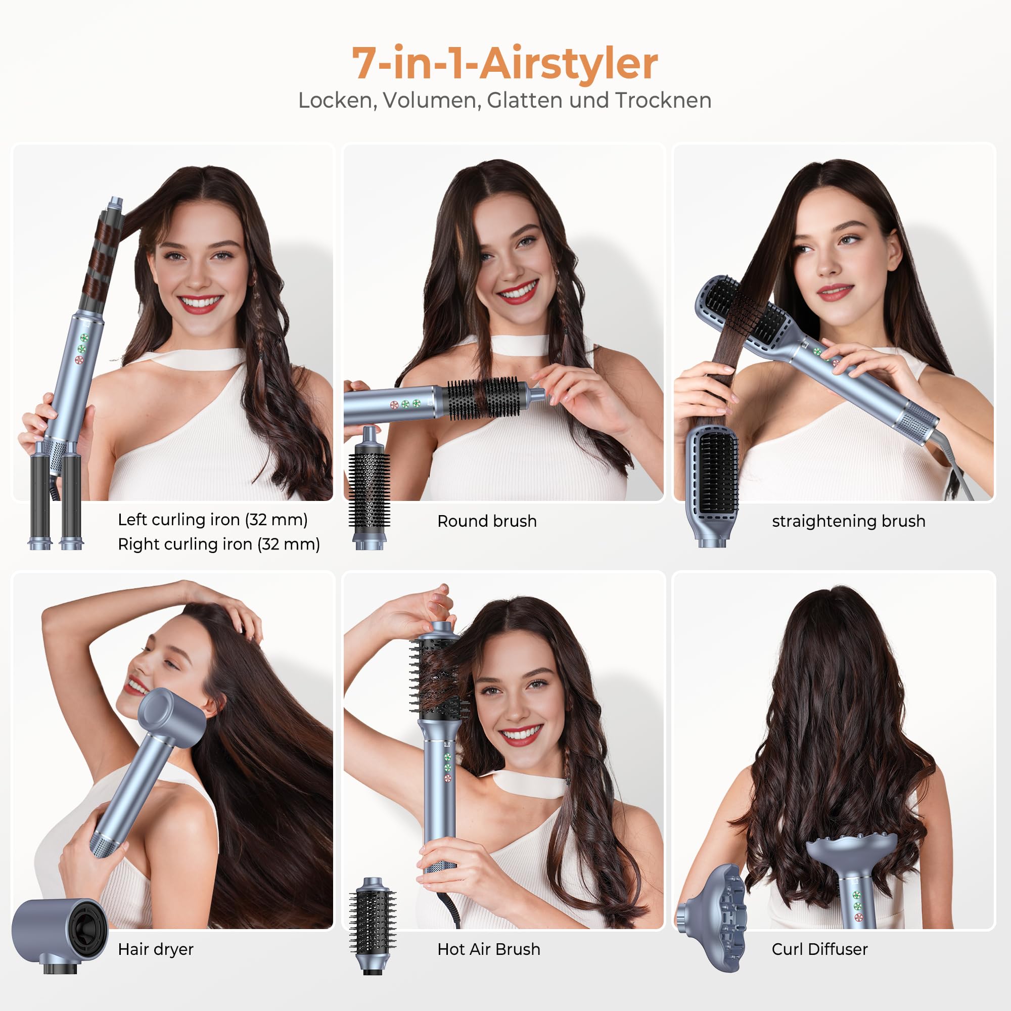 Air Styler & Spazzola Asciugacapelli 7 in 1, OKWRAP Hair Styler 110000 RPM Asciugacapelli ad Alta Velocità Asciugatura Rapida, Spazzola Modellante ad Aria Per Capelli Ricci, Volumizzante