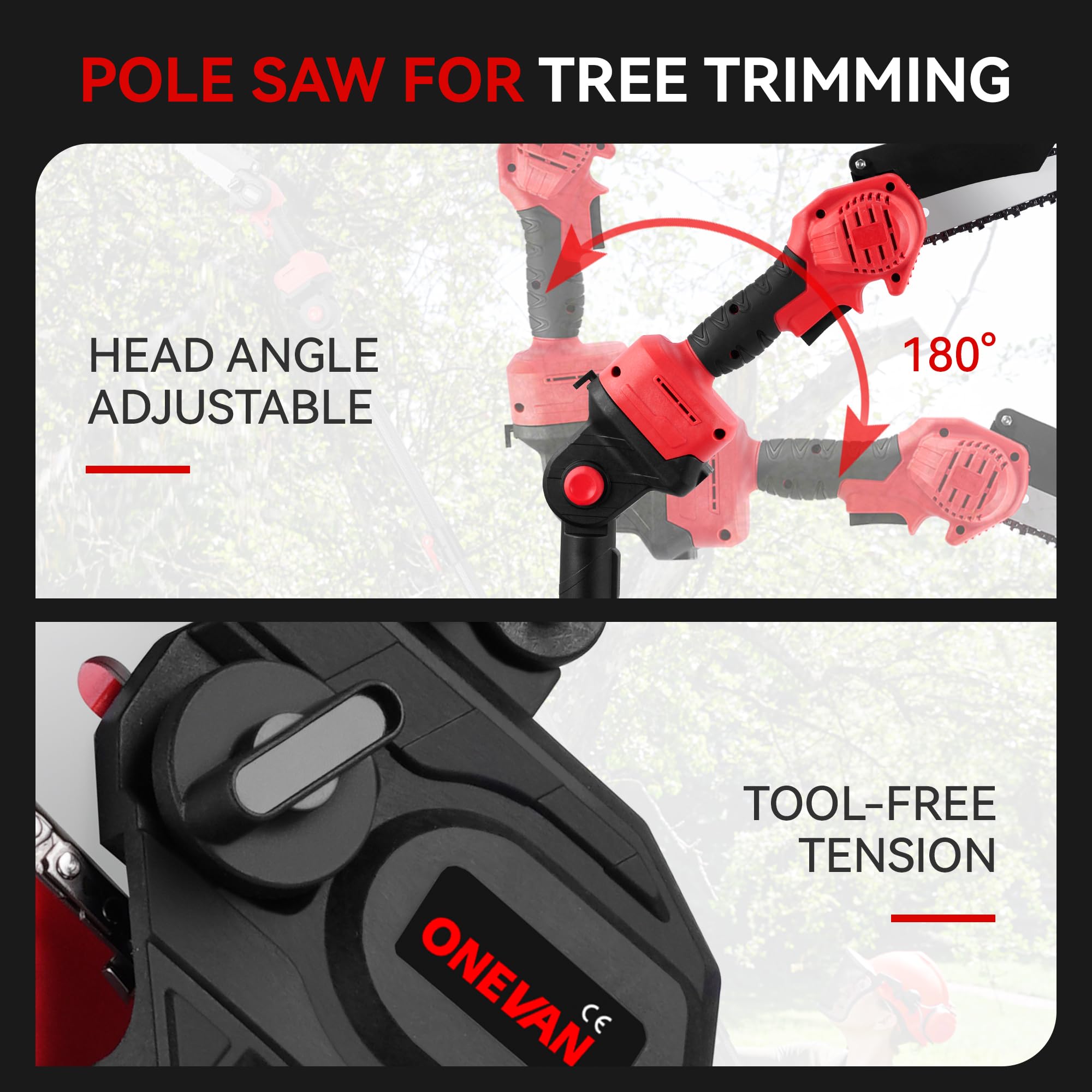 ONEVAN Akku Hochentaster und Astschere mit Teleskopstiel, 4-in-1, Bürstenlos 6 Zoll Akku Kettensäge + 25mm Akku Baumschere + 200mm Teleskopstange, 180° Einstellbarer Winkel, mit 2 4.0Ah Akkus