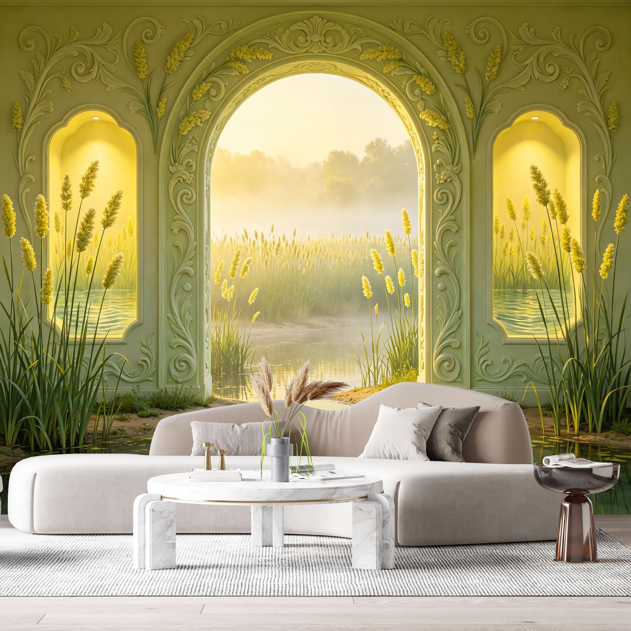 Custom Size Wall Murals Misty Archway Wetland Landscape Watercolor 3D Trompe L'Oeil SelfAdhesiveWall Fabric Removable Wallpaper Wall Decor for Living Room Bedroom Bathroom