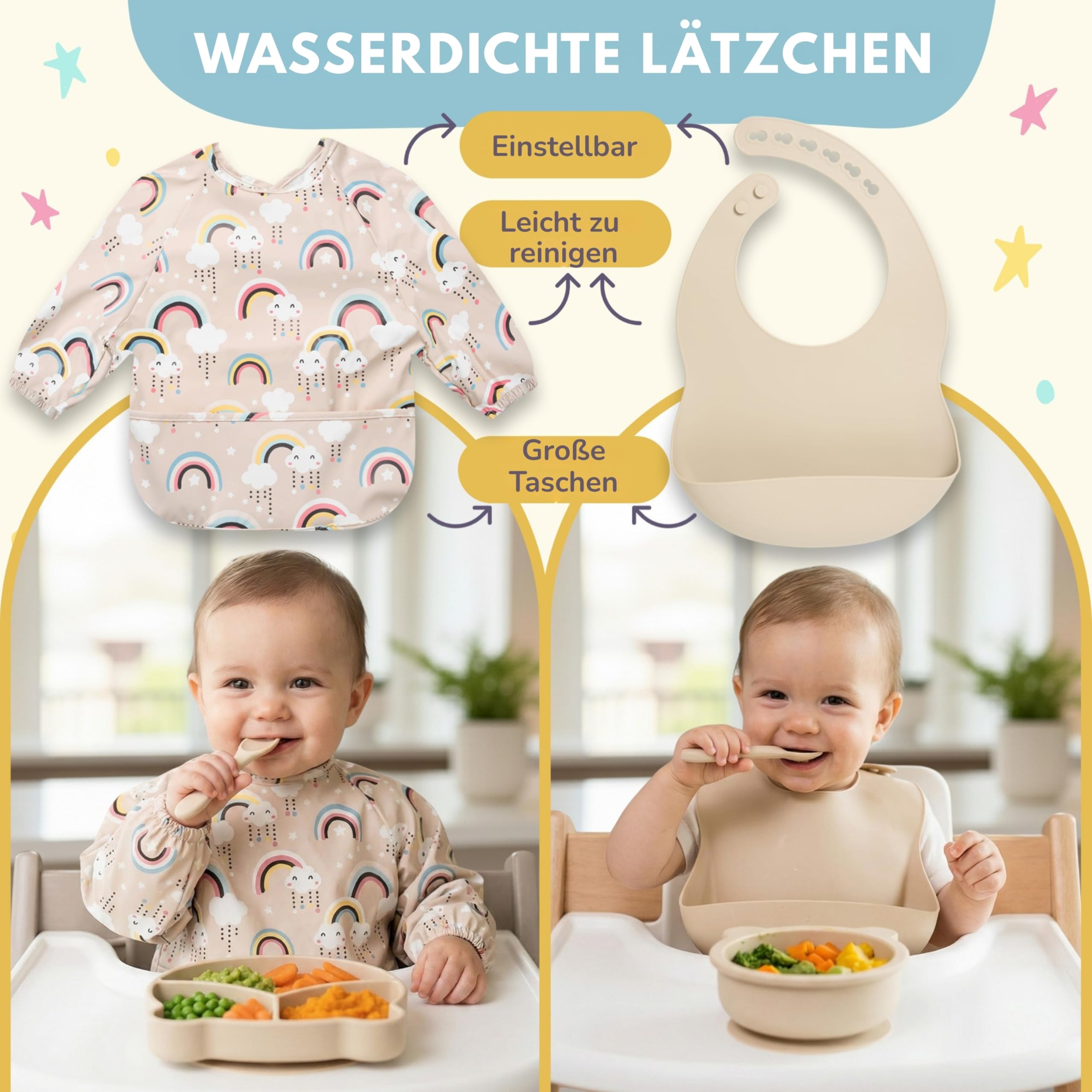 Baby Geschirrset aus Silikon 12-teilig | mit Teller mit Saugnapf, Schüssel, Becher, Besteck, wasserdichten Lätzchen und Fruchtsauger | BPA-frei | mikrowellen- und spülmaschinengeeignet