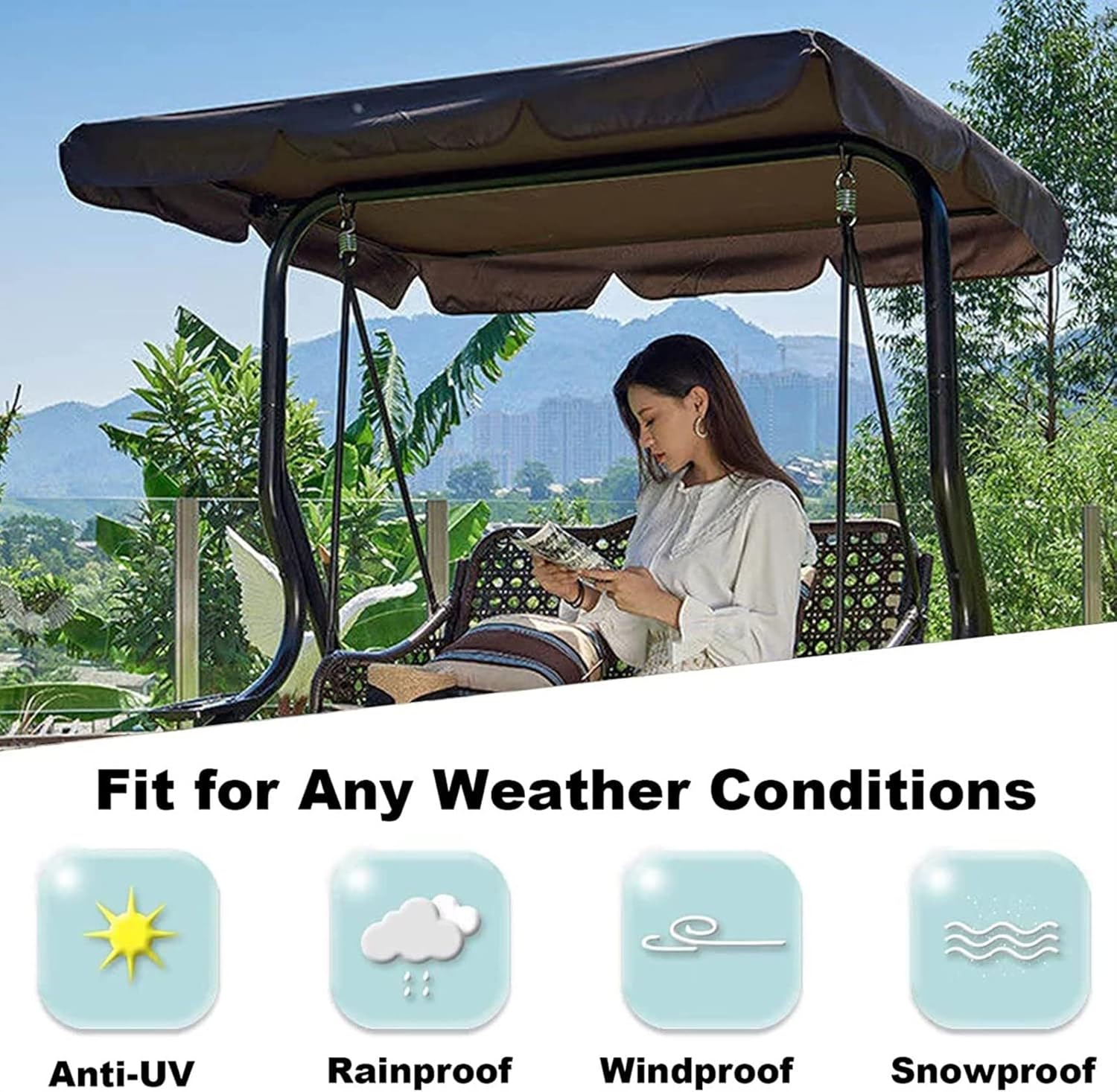 Outdoor Patio Swing Canopy Waterproof Top Cover Set,Swing Canopy Top Cover Replacement Canopy and Swing Cushion Cover,Waterproof UV Resistant All Weather Protection Porch Swings