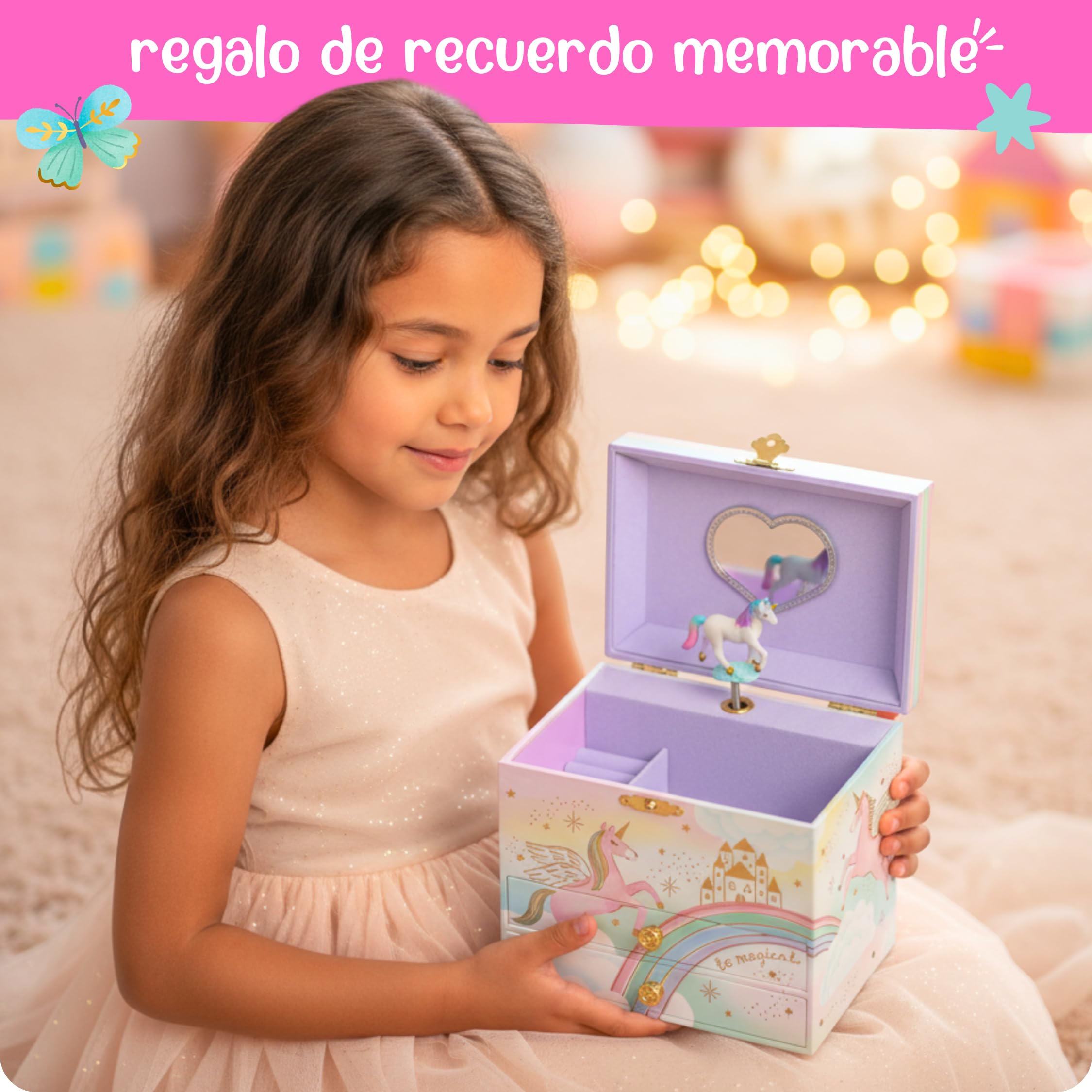 Giggle & Honey Joyero Musical Grande de Unicornio con Dos Cajones para Niñas - Caja de Música Infantil con Espejo