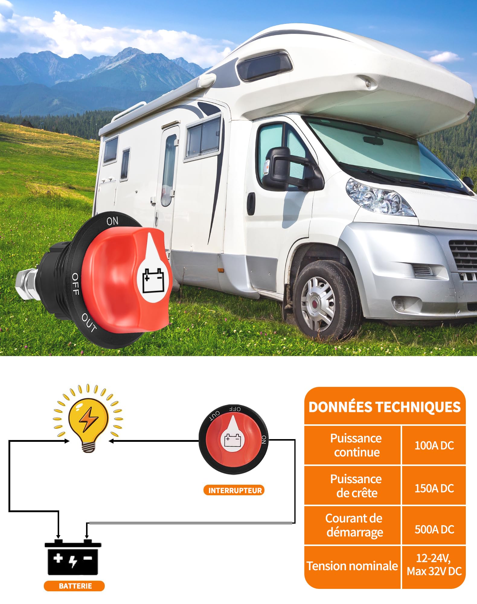 Coupe-Circuit Batterie 12V-24V 100A Interrupteur ON-OFF Amovible - Voiture Bateau Camion
