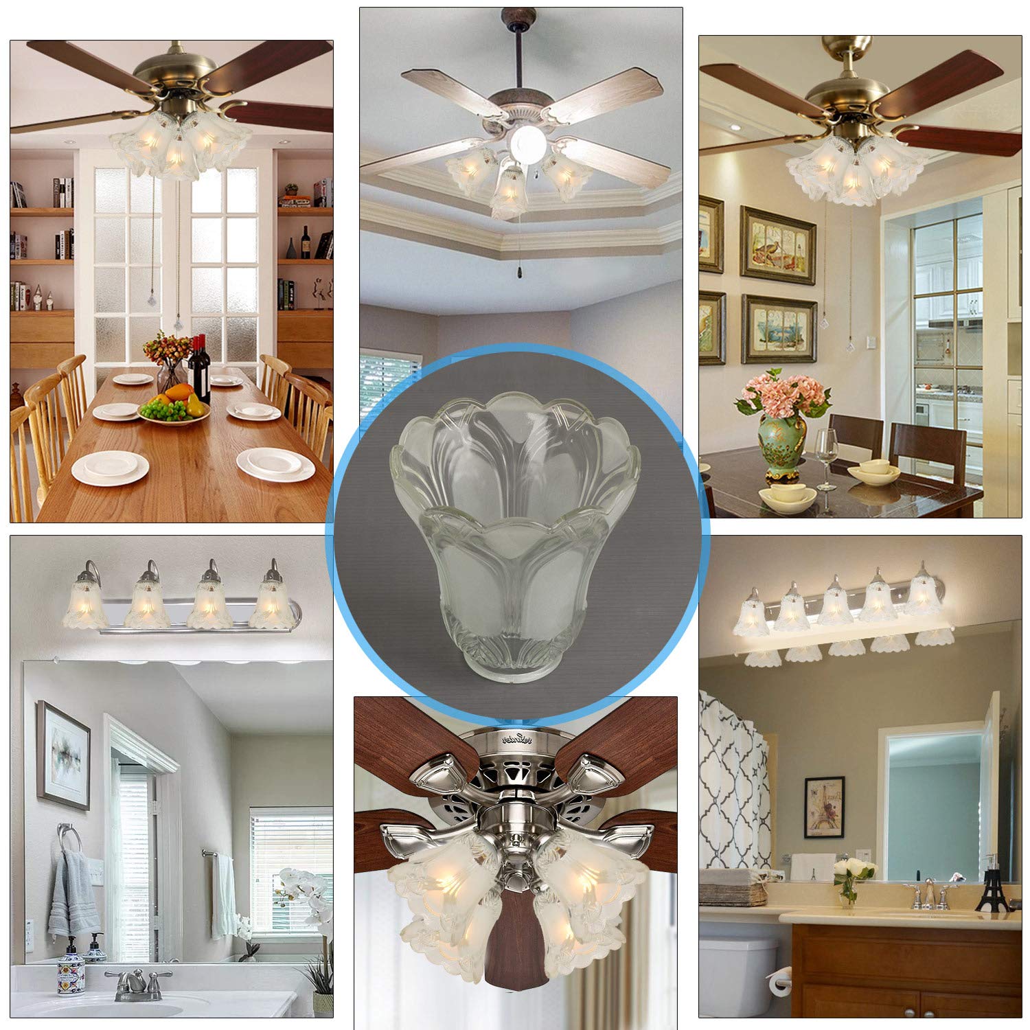 Anmire 4 Pack Clear Frosted Flower Glass Shade, Bell Shaped Light Fixture Replacement Globe or Cover with 2-1/8-Inch Fitter for Chandelier Ceiling Fan Light Wall Sconce, G0060