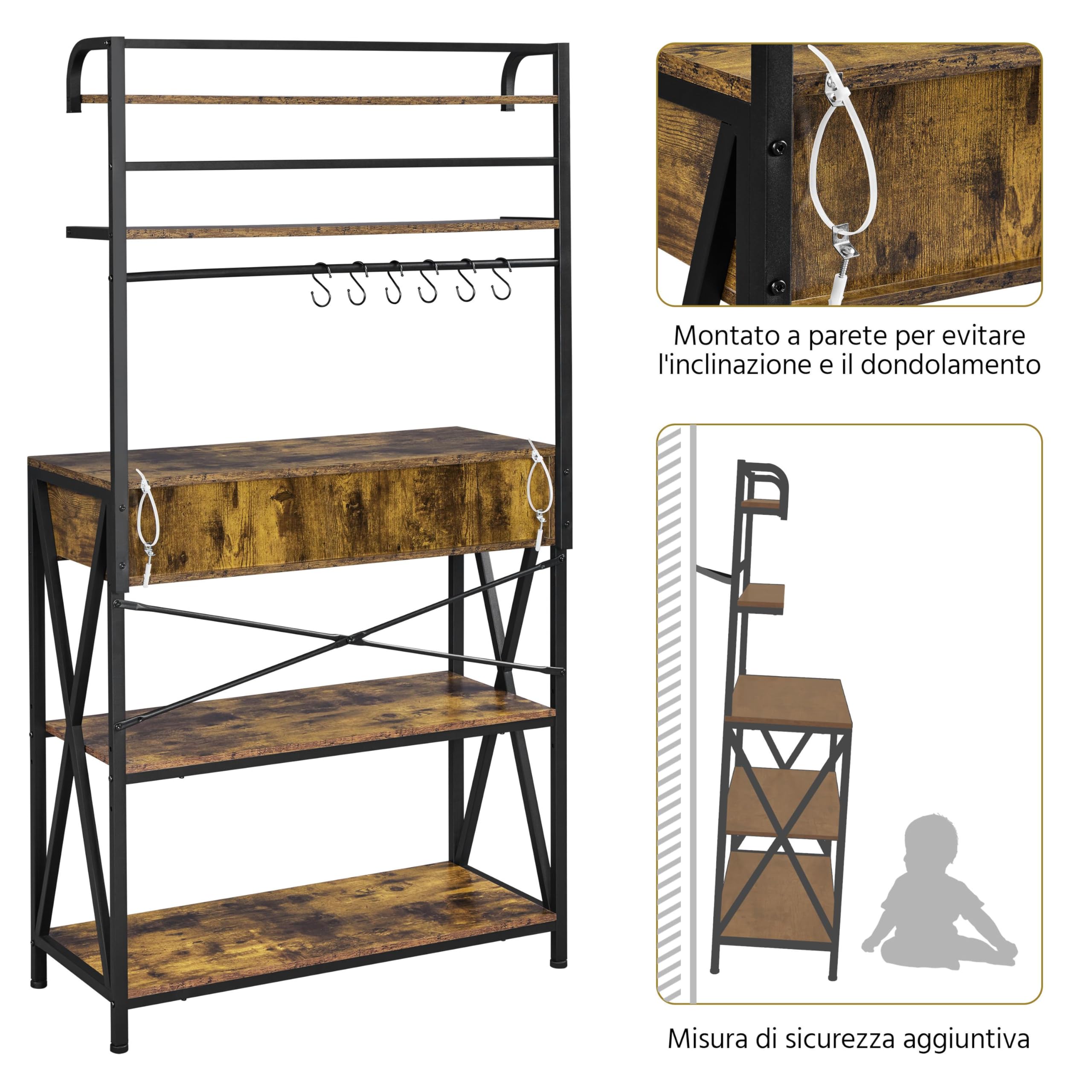 Yaheetech Étagère de Cuisine à 5 Niveaux Design Industriel Étagère pour Micro-Ondes/Four avec 2 Tiroirs 6 Crochets Meuble de Rangement Plan de Travail 170 cm de Haut Brun Rustique