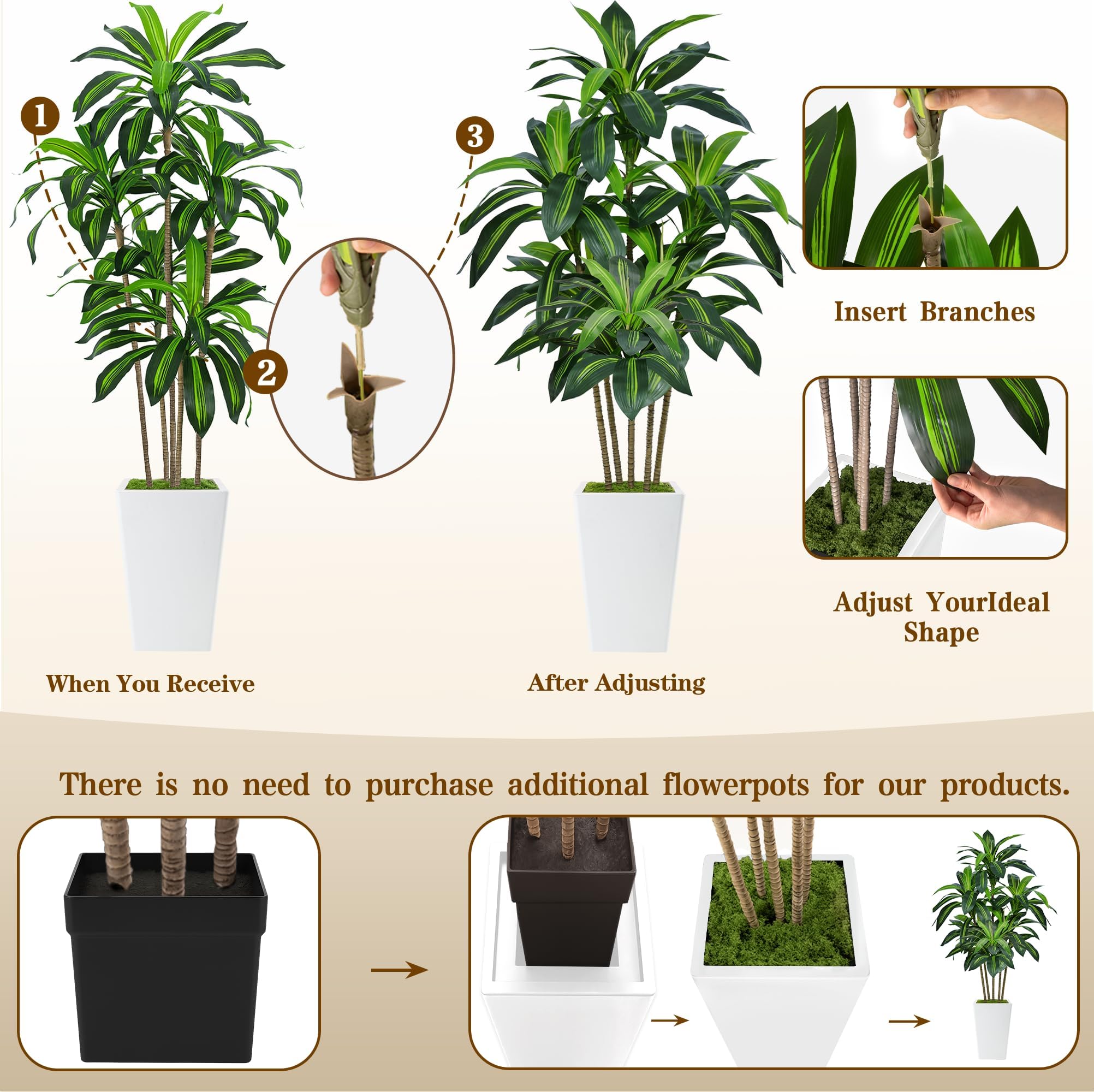 Kunstpflanzen 150cm Große Künstliche Dracaena Pflanzen mit Weißem Pflanzgefäß, Kunstbaum Deko Fake Pflanzen für Innendekor Wohnzimmer Schlafzimmer Büro Garten Haus Decor