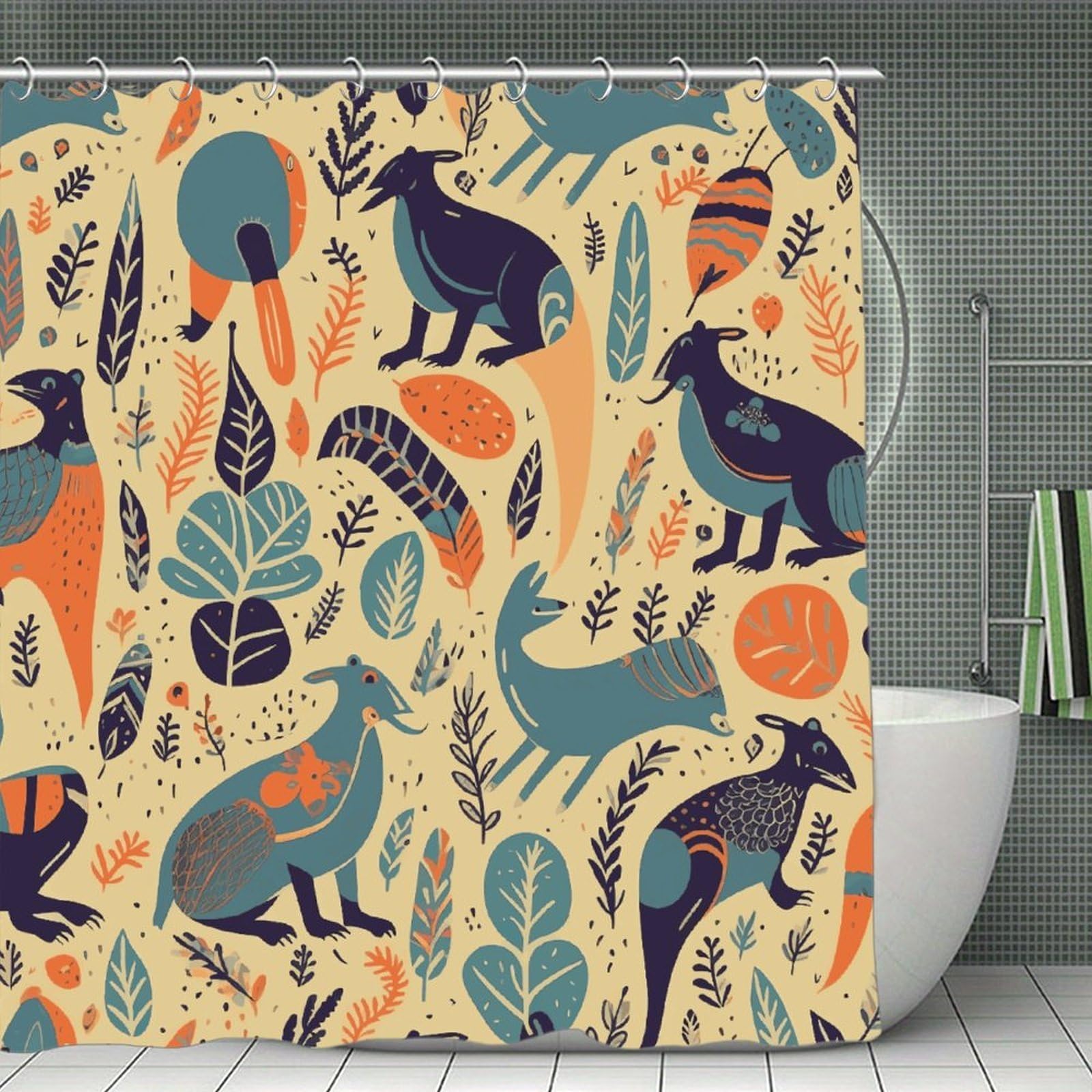 FekiLoot Australian Animals Shower Curtain with Hooks Modern Farmhouse Bathroom Curtain Waterproof Cloth Bath Curtains Cute Washable Blackout Privacy Curtains for Bathroom Bathtub 70.8"x70.8"