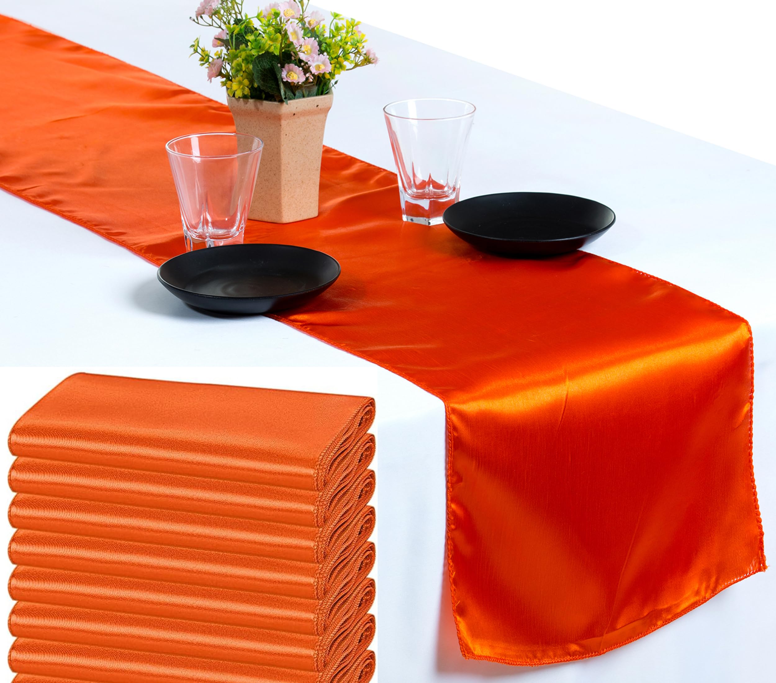 VDS Pack of 15 Satin Table Runners for Wedding & Party Décor 12” x 108”, Smooth Glossy Sateen Fabric Runner, Dining Table Decoration for Reception Banquet & Events Hotel Restaurant - Orange