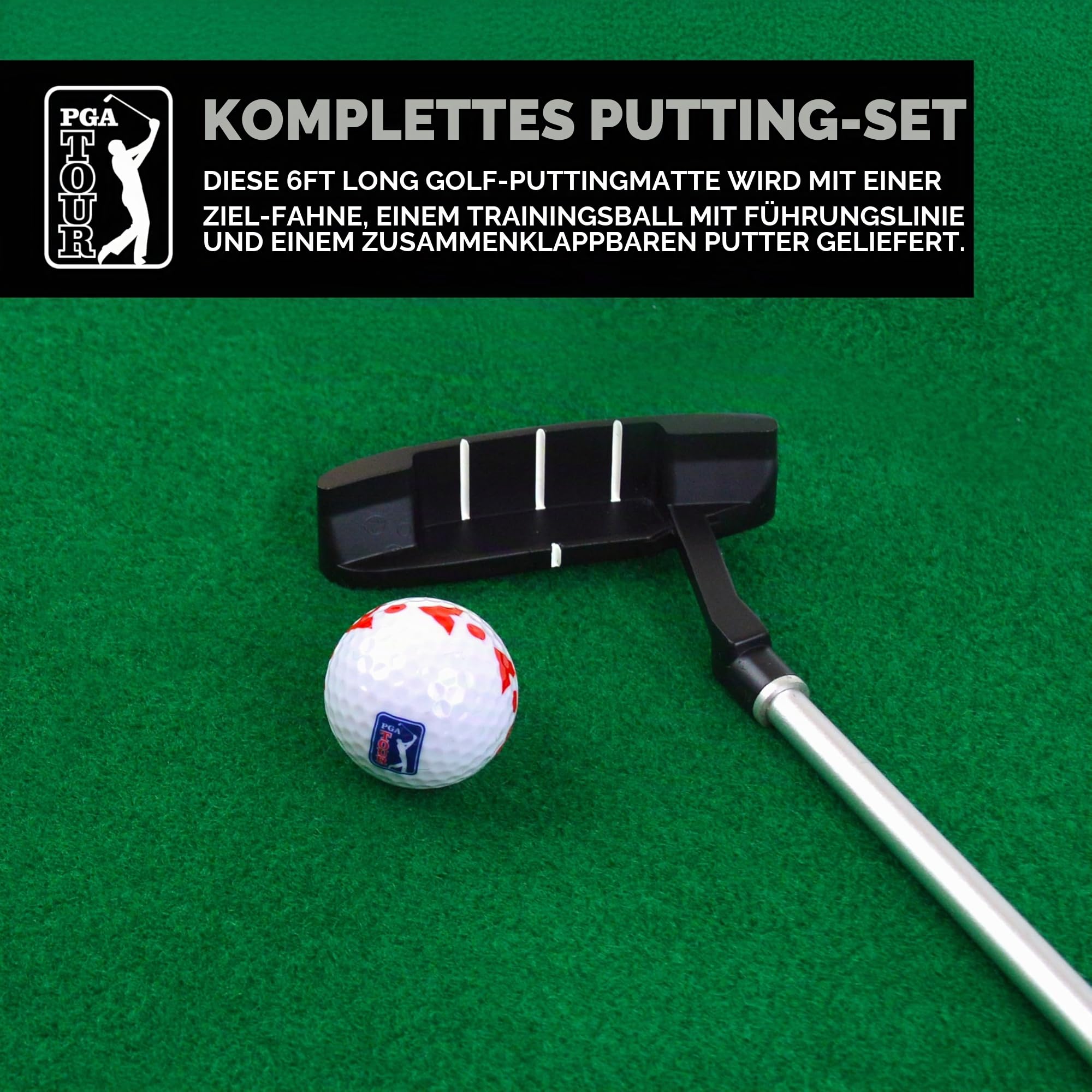PGA Tour Putting-Matte mit zusammenklappbarem Putter und Ausrichtungsführung, 1,8 m